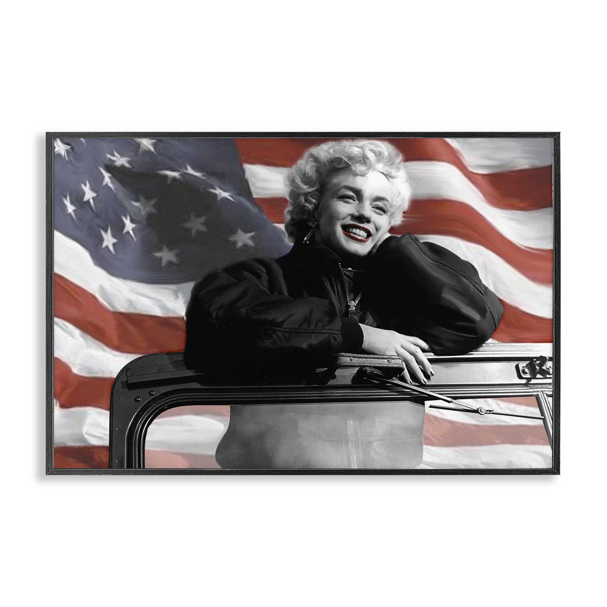 Stupell Industries Marilyn & Waving Flag People Painting Black Framed Art Print Wall Art, 24 x 16
