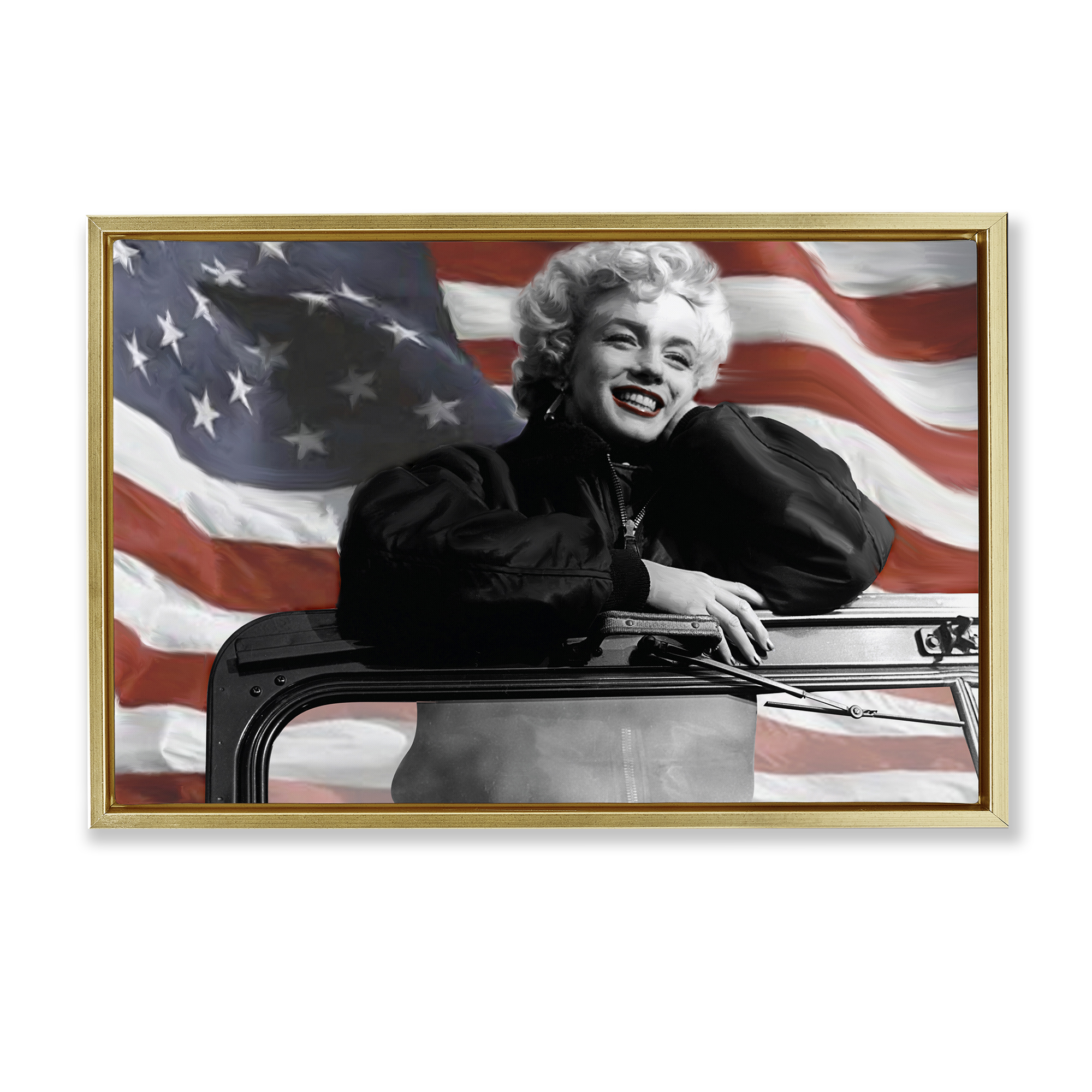 Stupell Industries Marilyn & Waving Flag People Painting Gold Floater Framed Canvas Art Print Wall Art, 31 x 21