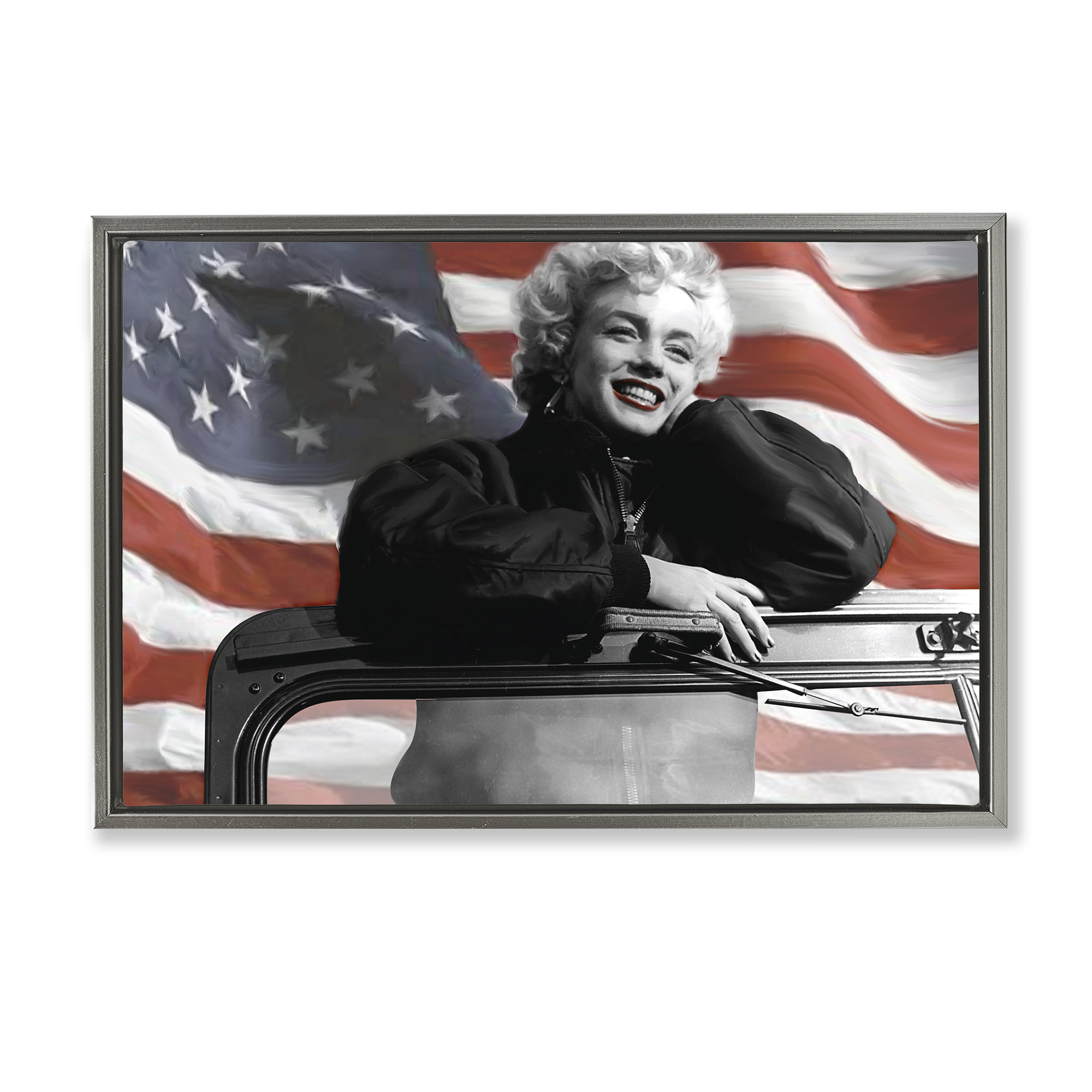 Stupell Industries Marilyn & Waving Flag People Painting Gray Floater Framed Canvas Art Print Wall Art, 31 x 21