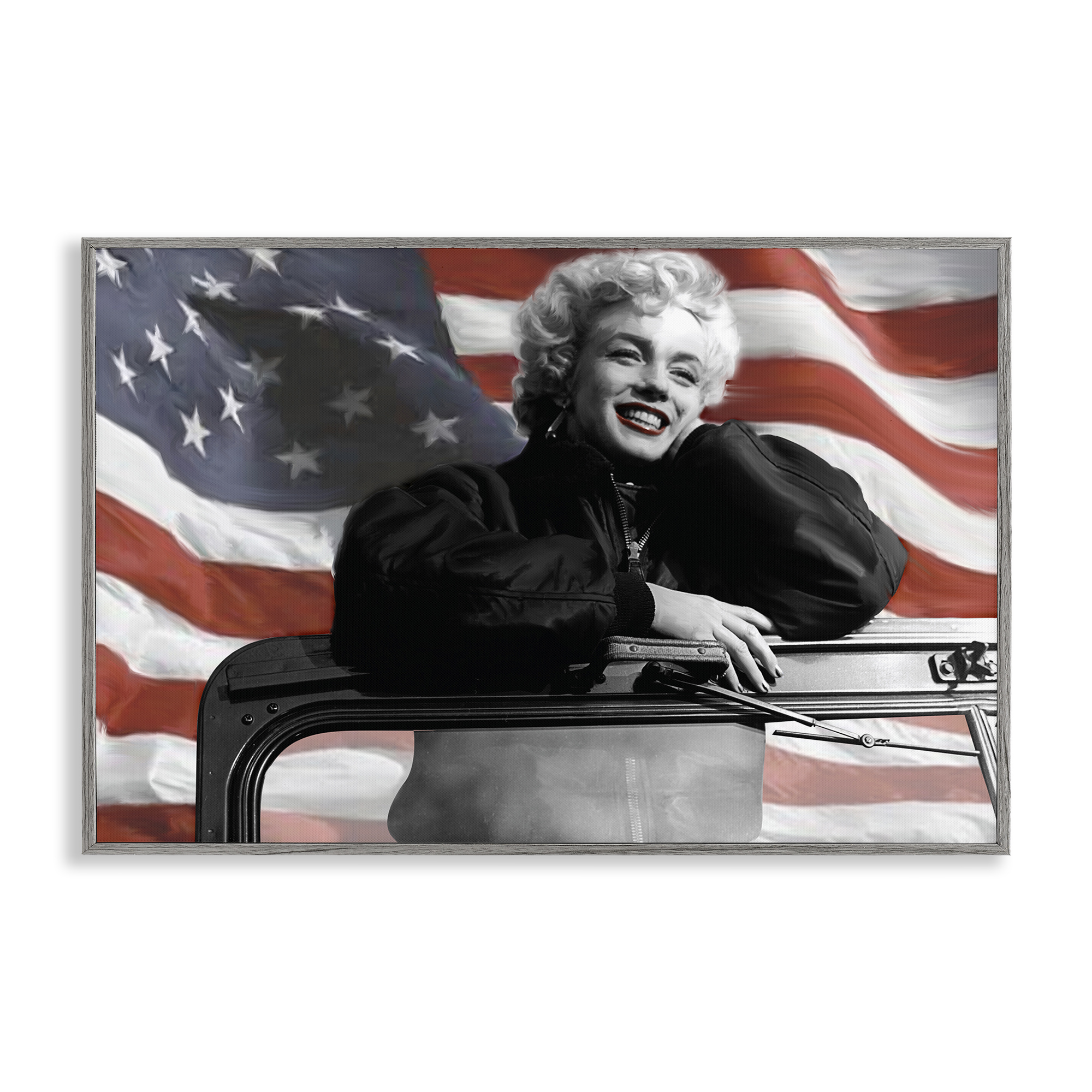 Stupell Industries Marilyn & Waving Flag People Painting Gray Framed Art Print Wall Art, 30 x 20