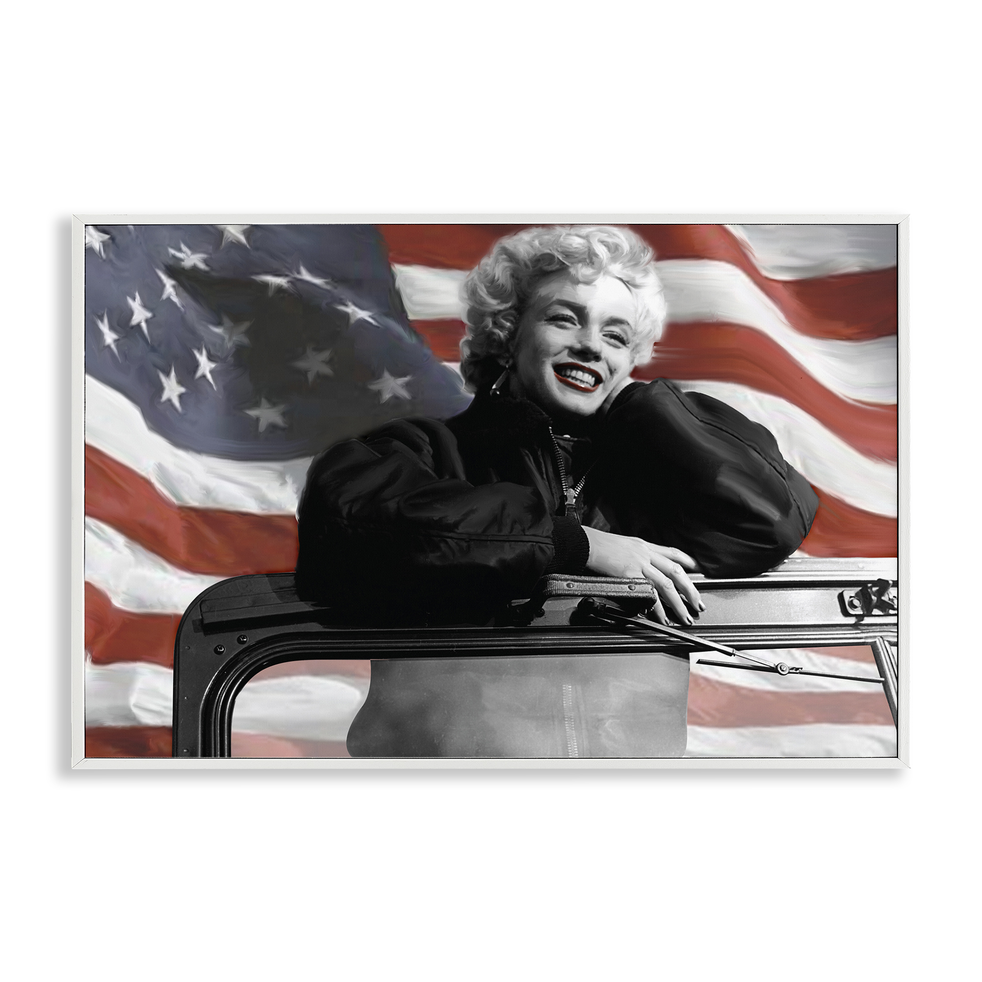 Stupell Industries Marilyn & Waving Flag People Painting White Framed Art Print Wall Art, 24 x 16
