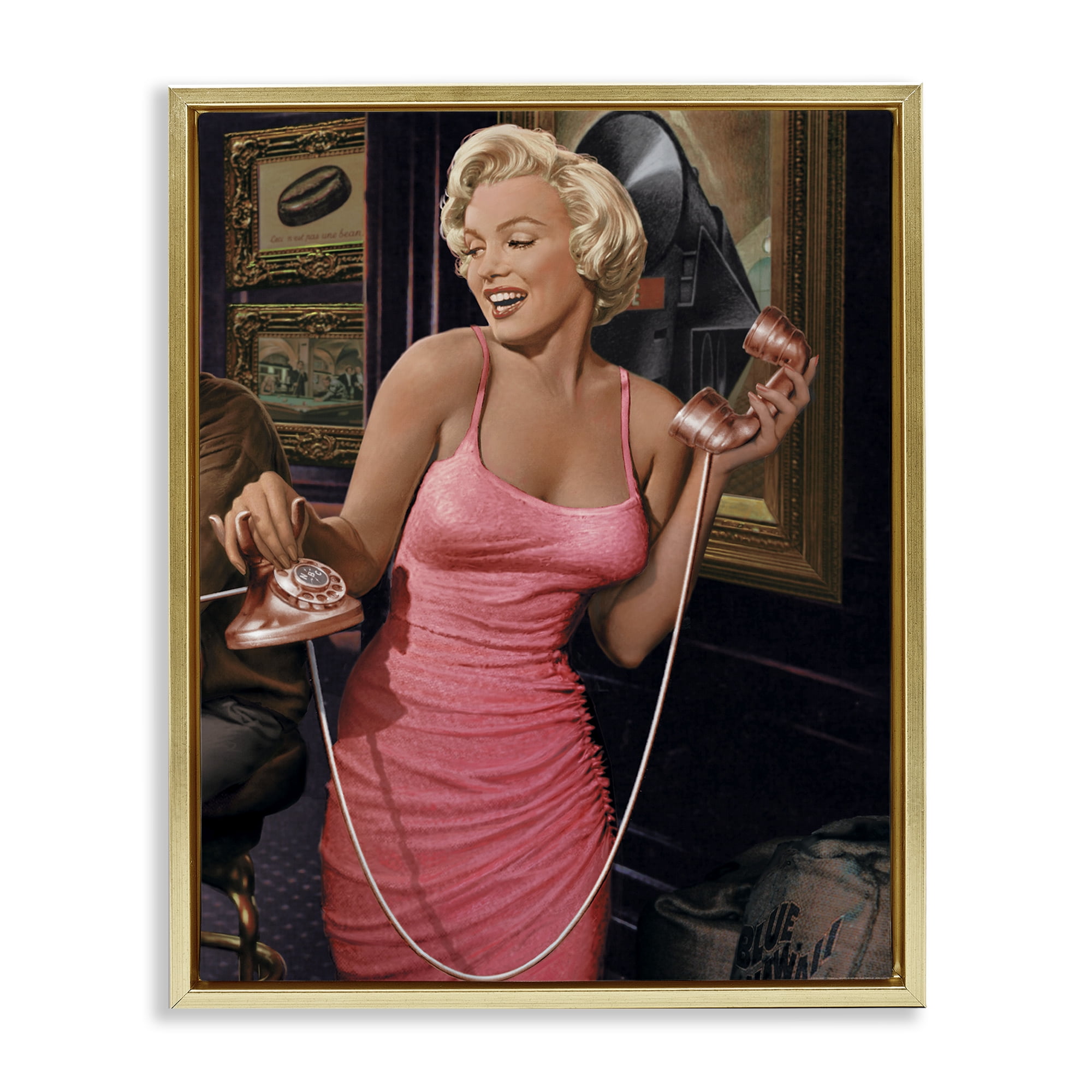 Stupell Industries Marilyn's Call Portrait Novelty Painting Gold Floater Framed Art Print Wall Art, 17 x 21