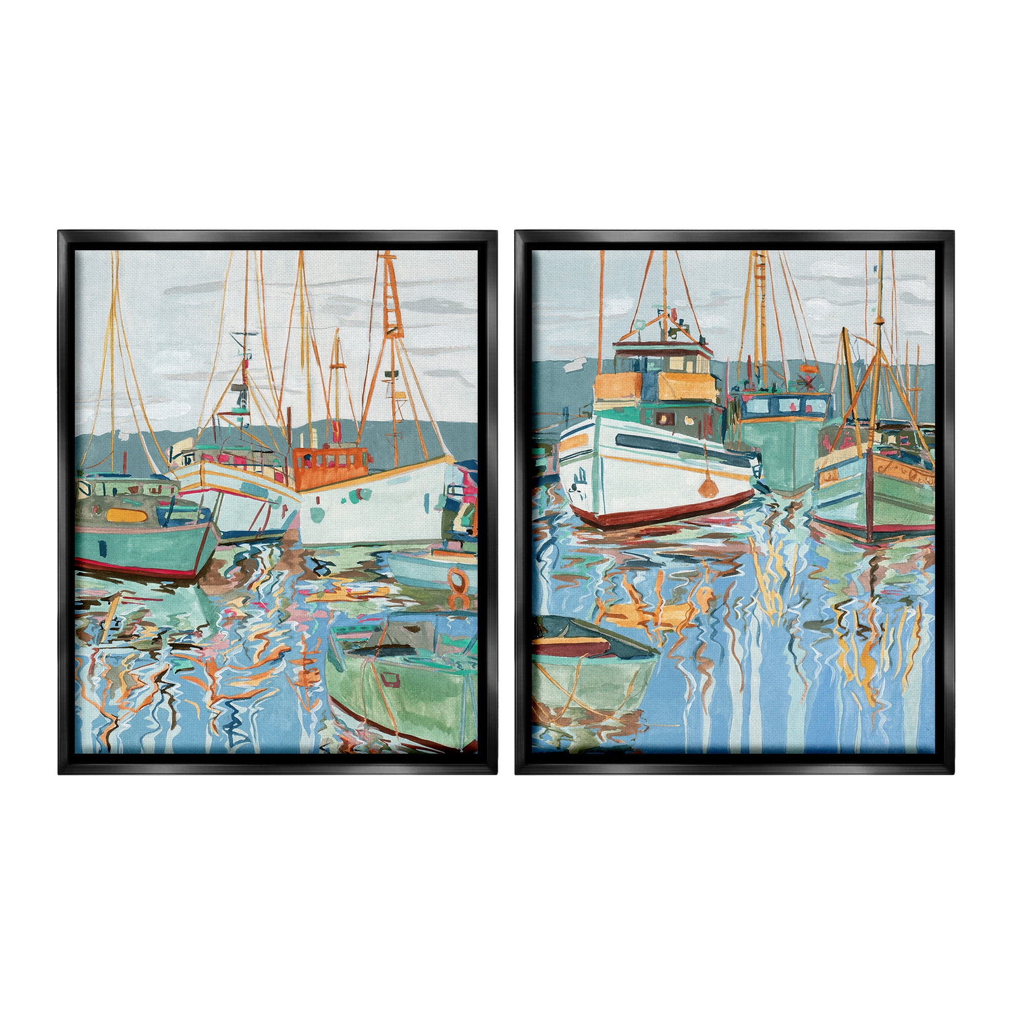 Stupell Industries Marina Ships Reflection Transportation Painting Black Floater Framed Canvas Art Print Wall Art, 25 x 31, Set of 2