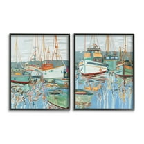 Stupell Industries Marina Ships Reflection Transportation Painting Black Framed Art Print Wall Art, 11 x 14, Set of 2