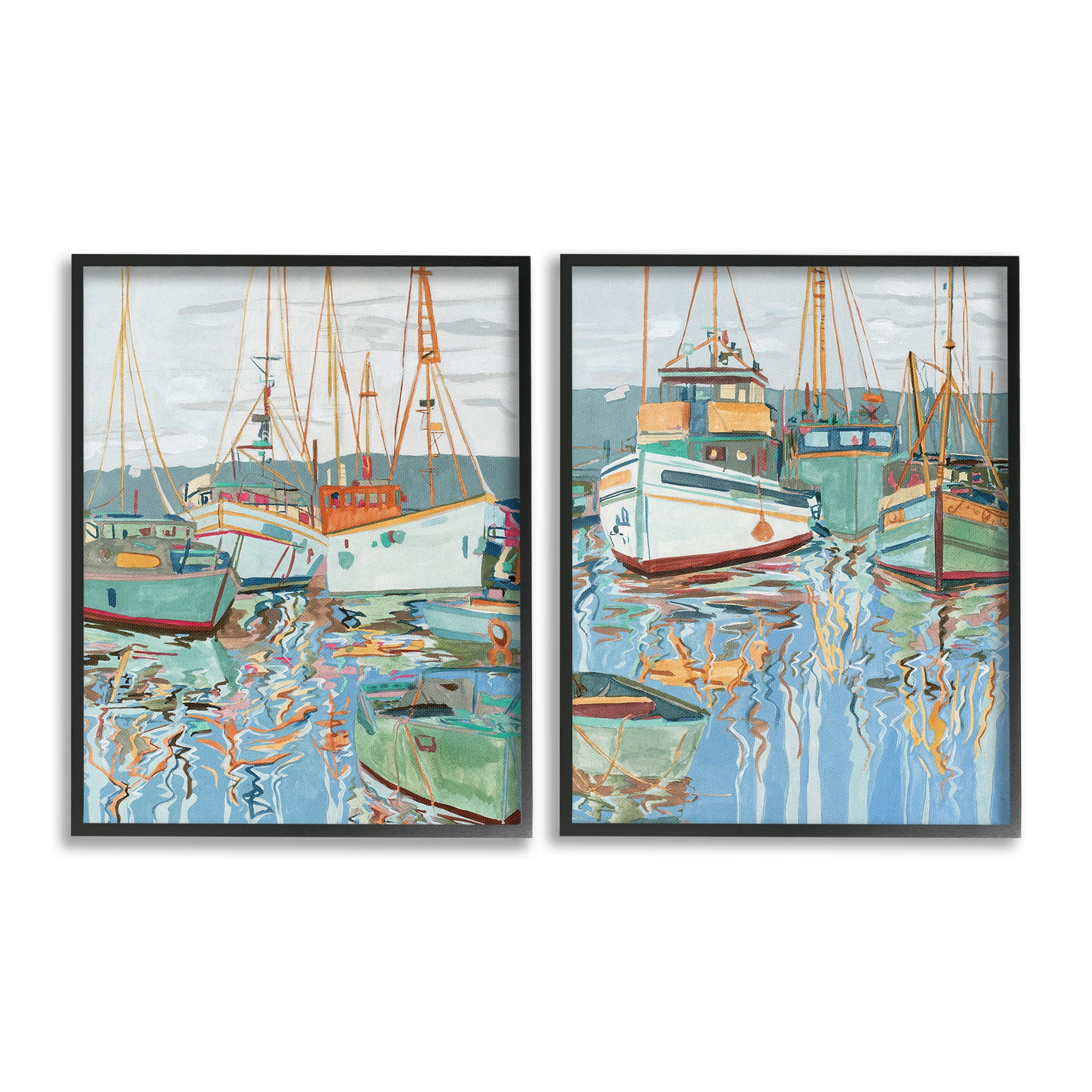 Stupell Industries Marina Ships Reflection Transportation Painting Black Framed Art Print Wall Art, 24 x 30, Set of 2