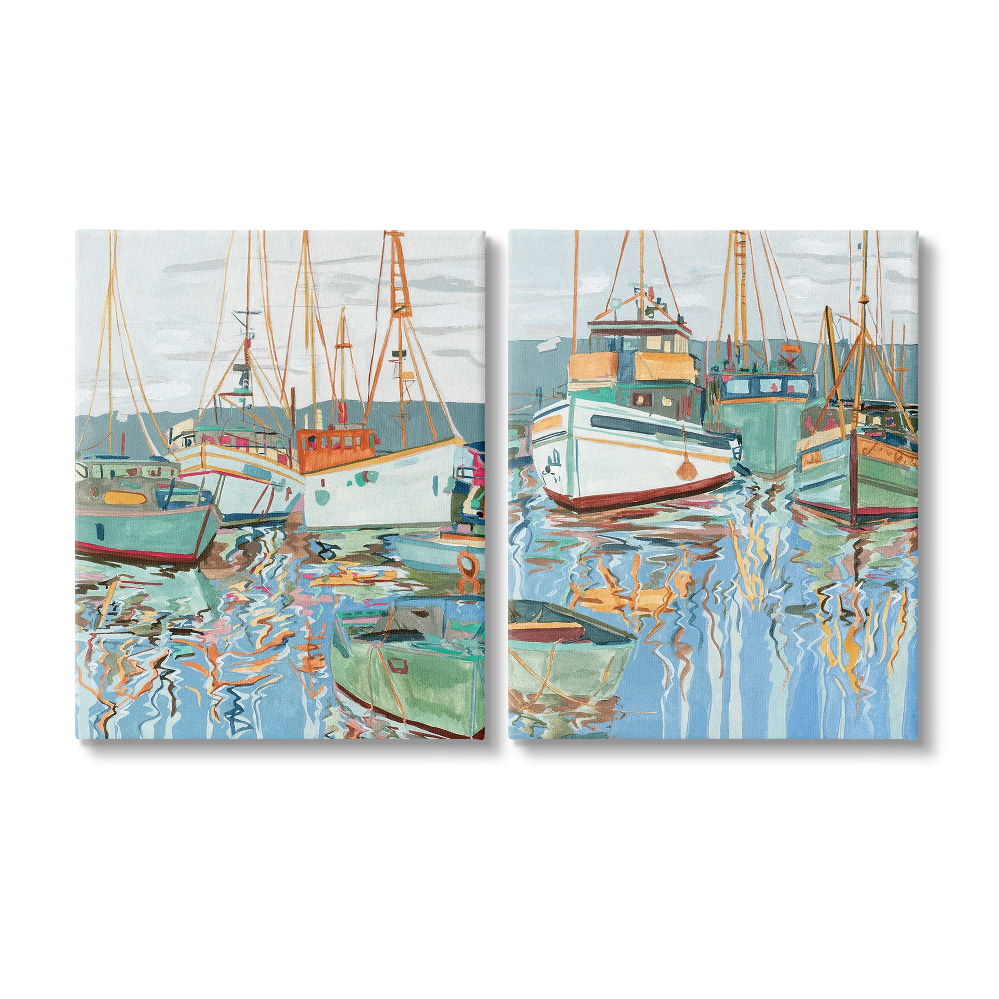 Stupell Industries Marina Ships Reflection Transportation Painting Gallery Wrapped Canvas Art Print Wall Art, 24 x 30, Set of 2