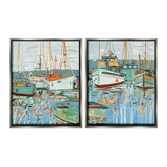 Stupell Industries Marina Ships Reflection Transportation Painting Gray Floater Framed Canvas Art Print Wall Art, 17 x 21, Set of 2