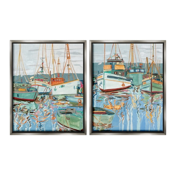 Stupell Industries Marina Ships Reflection Transportation Painting Gray Floater Framed Canvas Art Print Wall Art, 17 x 21, Set of 2