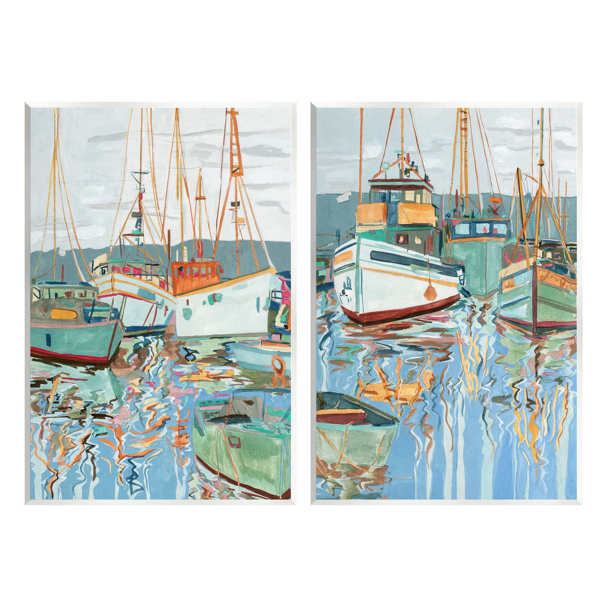 Stupell Industries Marina Ships Reflection Transportation Painting Unframed Art Print Wall Art, 13 x 19, Set of 2