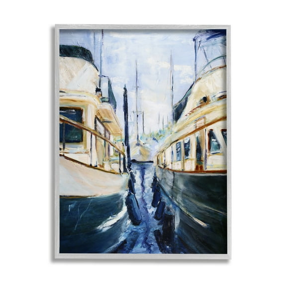 Stupell Industries Marine Harbor Docked Boats Coastal Painting Gray Framed Art Print Wall Art