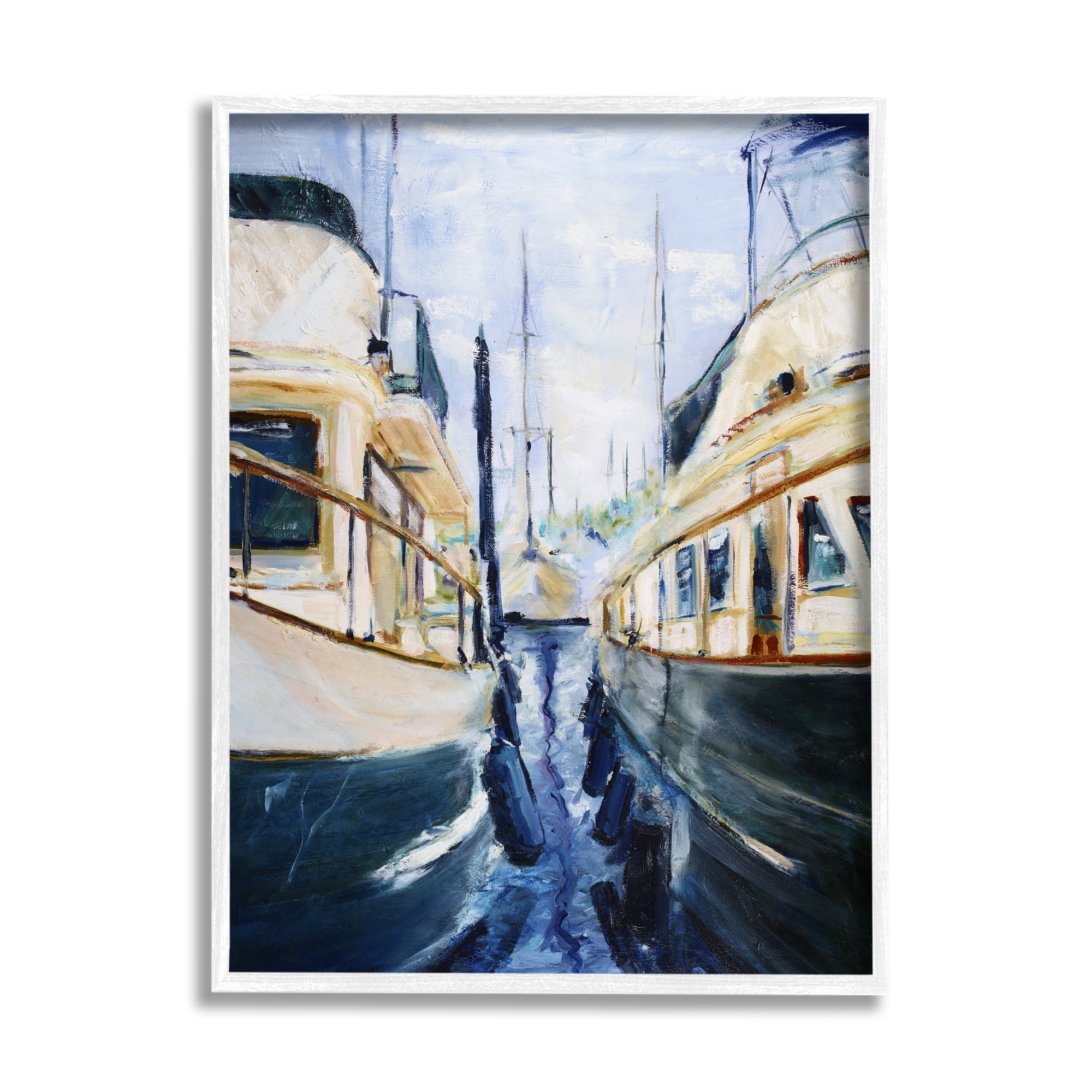 Stupell Industries Marine Harbor Docked Boats Coastal Painting White Framed Art Print Wall Art