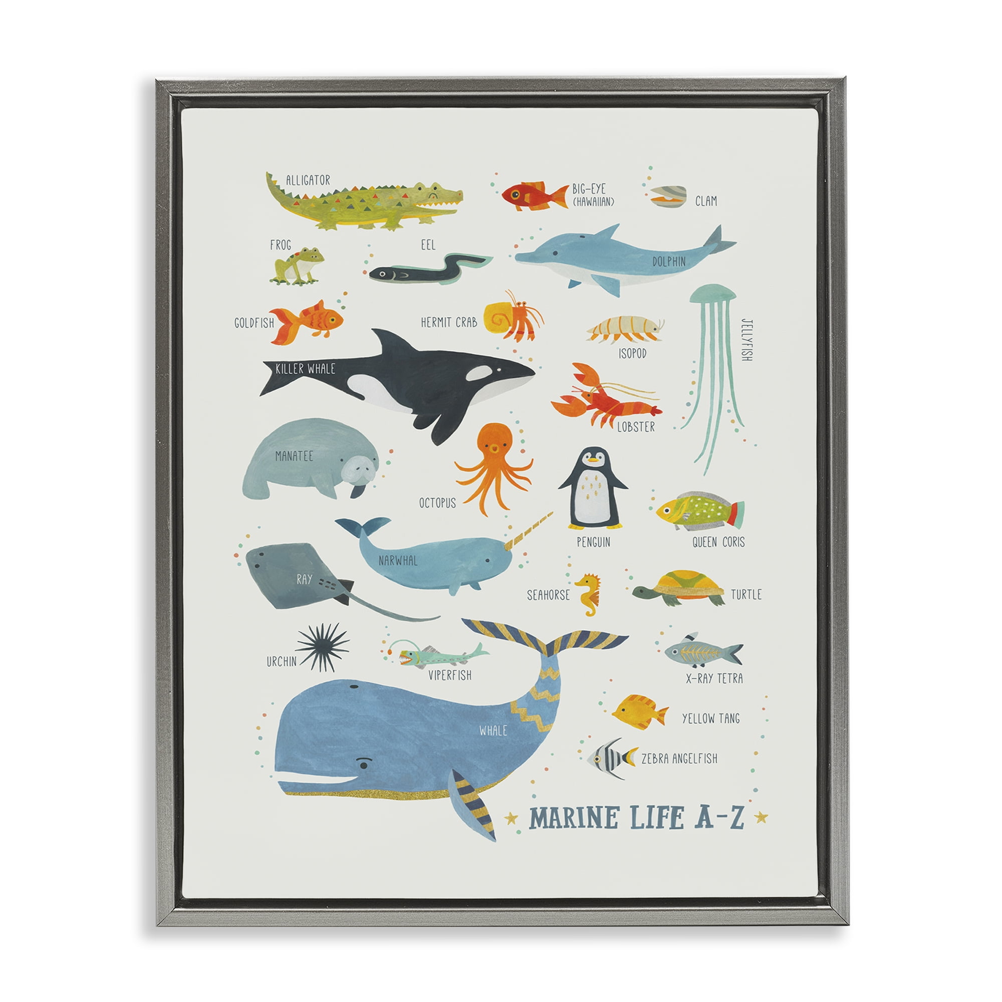 Stupell Industries Marine Life ABC Alphabet Education Painting Gray Floater Framed Canvas Art Print Wall Art, 17 x 21