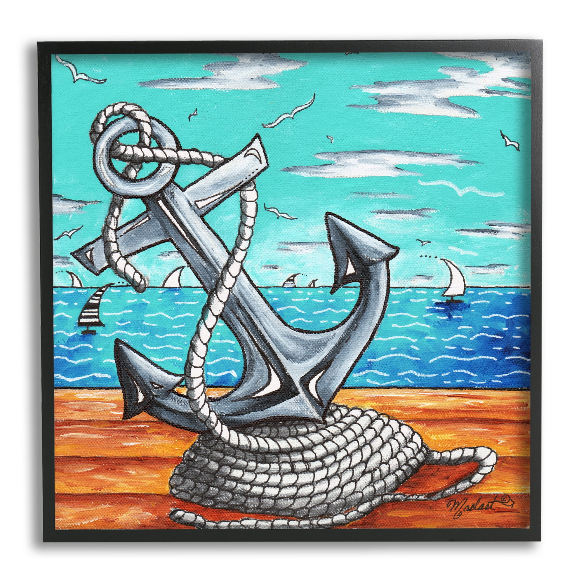 Stupell Industries Maritime Anchor on Beach Nature Painting Black Framed Art Print Wall Art, 24 x 24