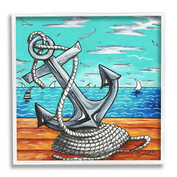 Stupell Industries Maritime Anchor on Beach Nature Painting White Framed Art Print Wall Art, 17 x 17