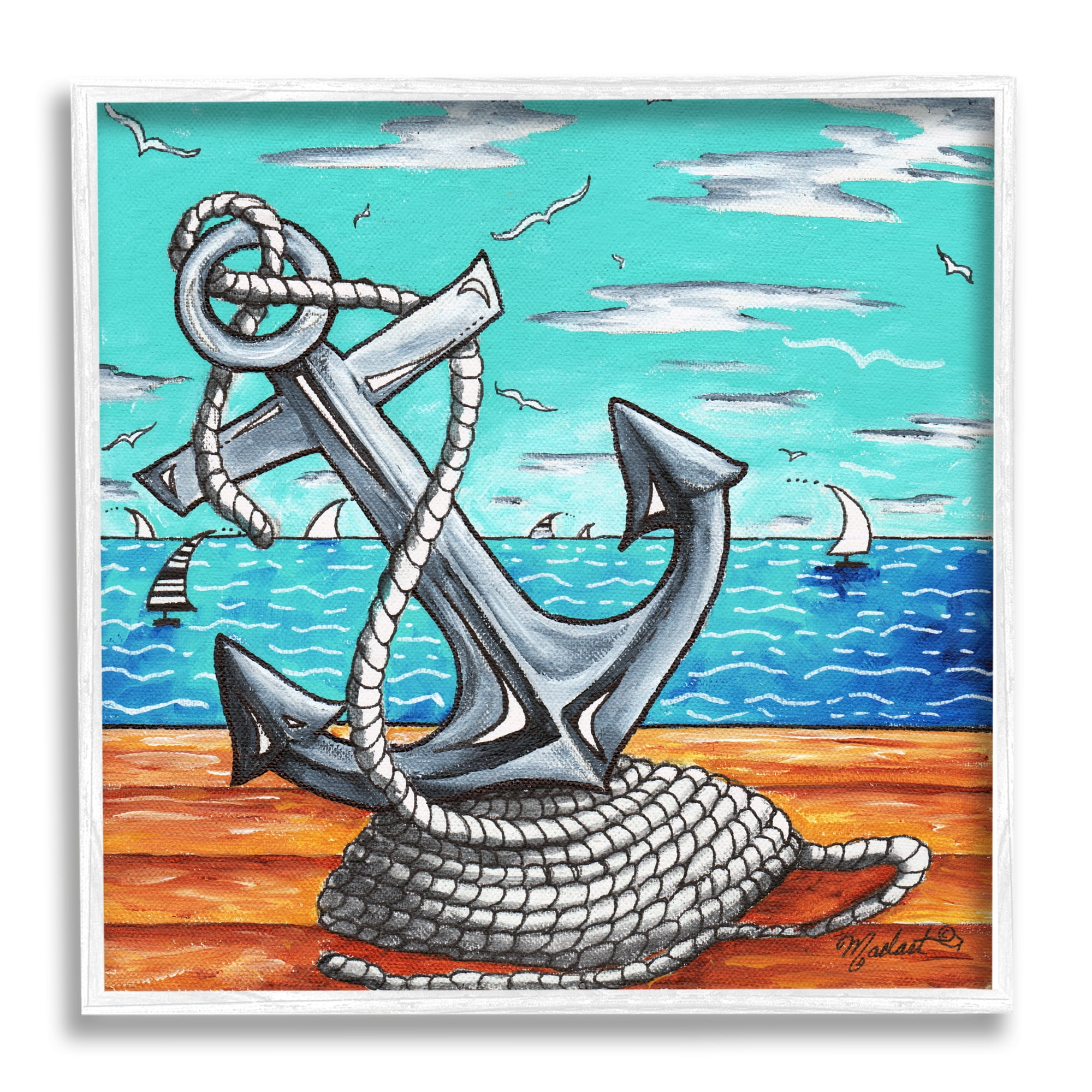 Stupell Industries Maritime Anchor on Beach Nature Painting White Framed Art Print Wall Art, 24 x 24