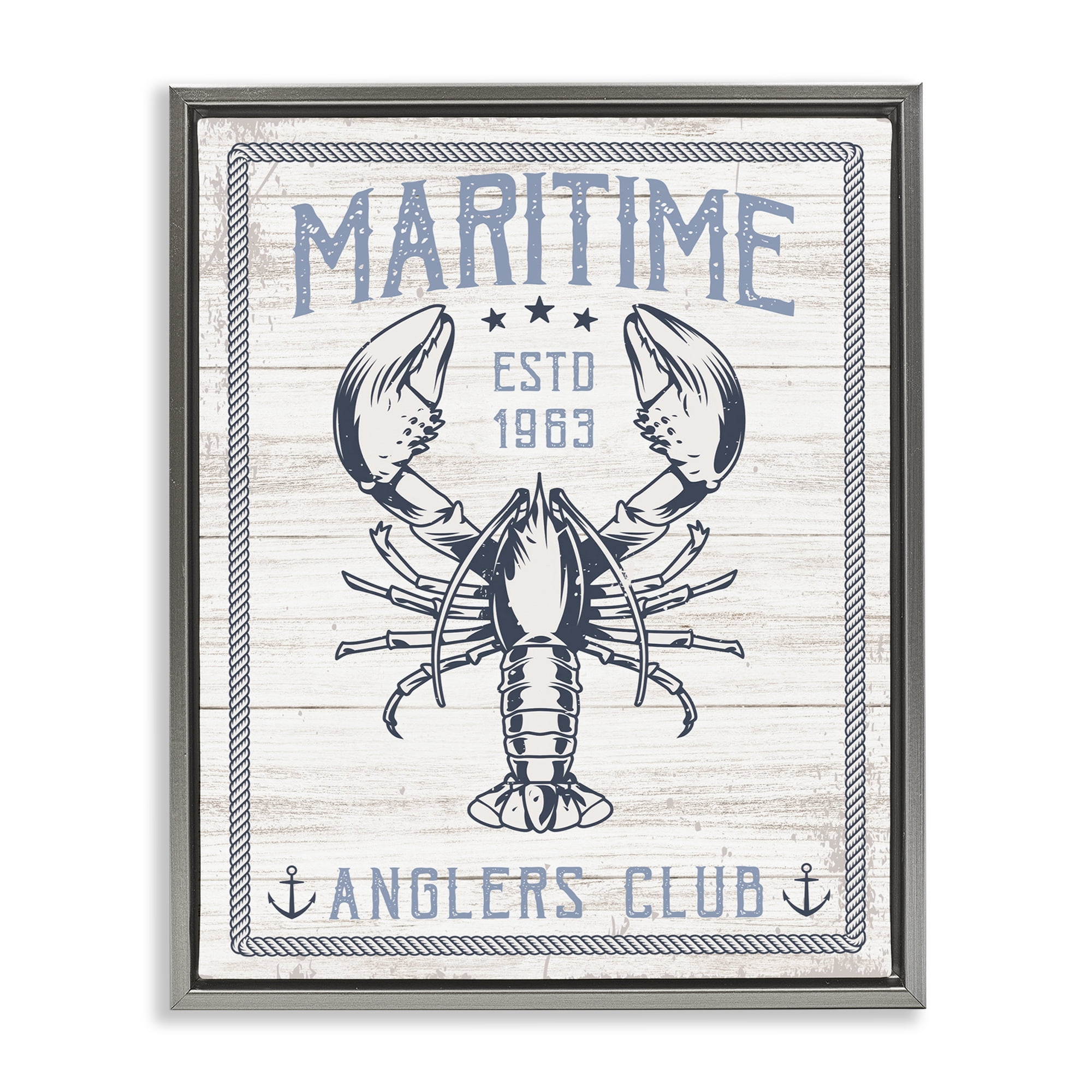 Stupell Industries Maritime Anglers Club Nautical & Beach Painting Gray Floater Framed Canvas Art Print Wall Art, 25 x 31