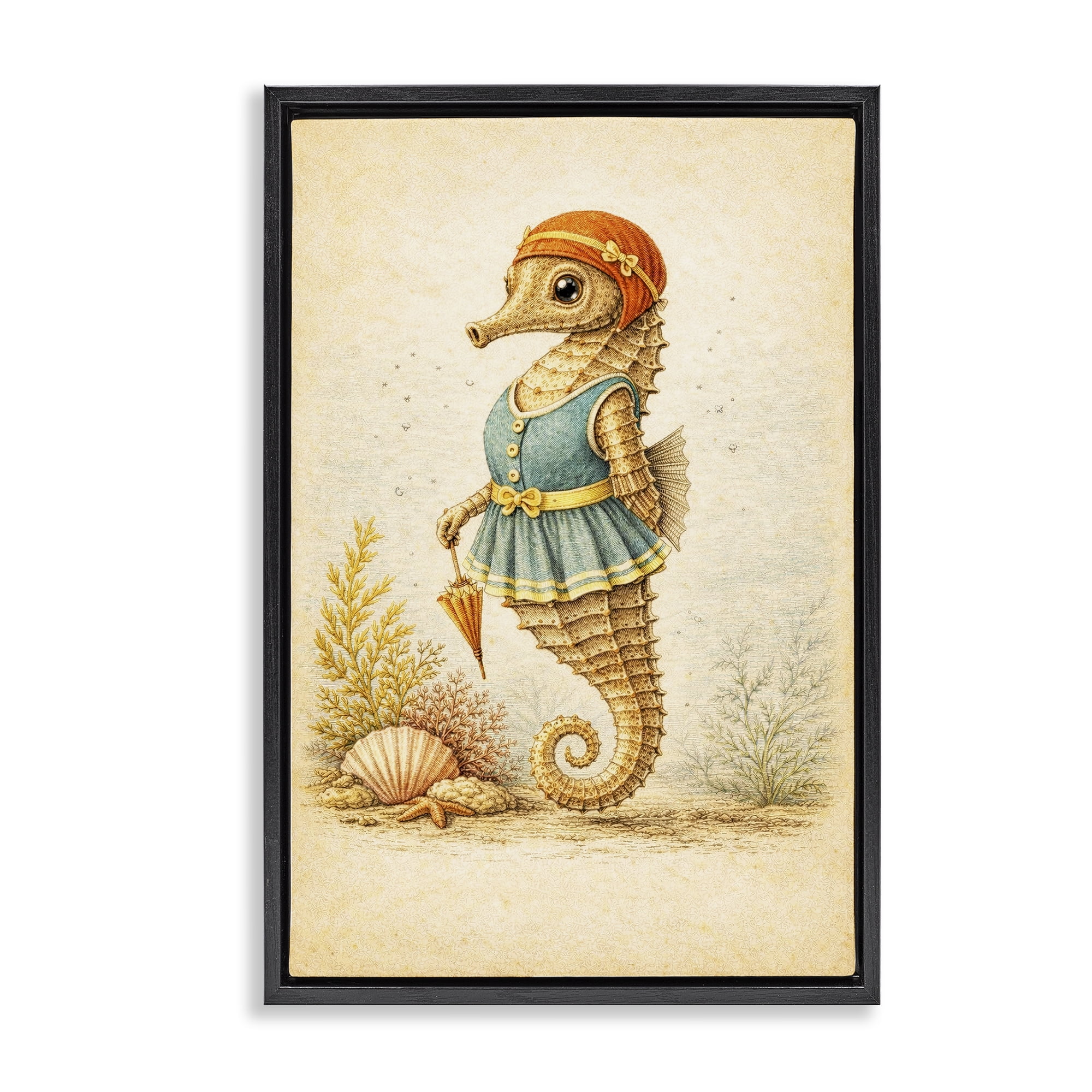 Stupell Industries Maritime Bathing Society Seahorse Black Framed Floater Canvas Wall Art, design by Grotto Studios