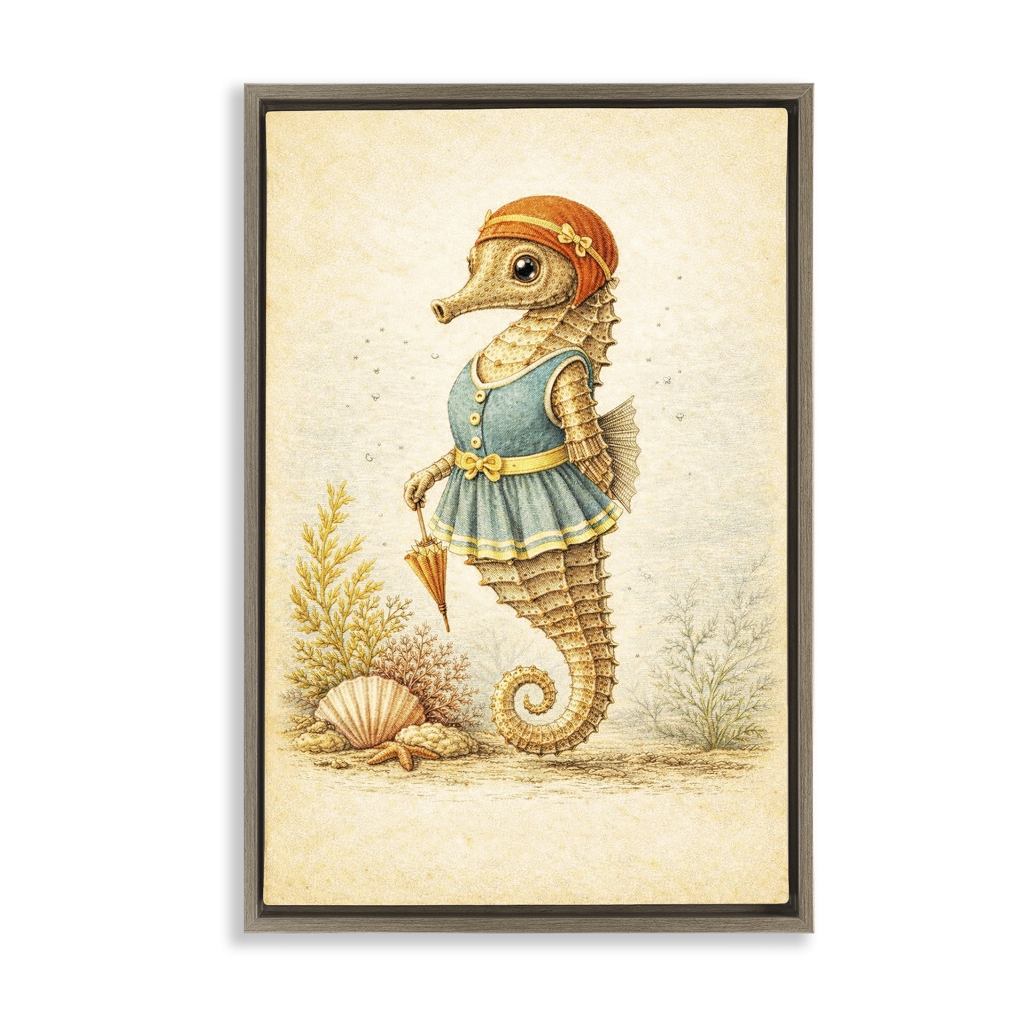 Stupell Industries Maritime Bathing Society Seahorse Brown Framed Floater Canvas Wall Art, design by Grotto Studios