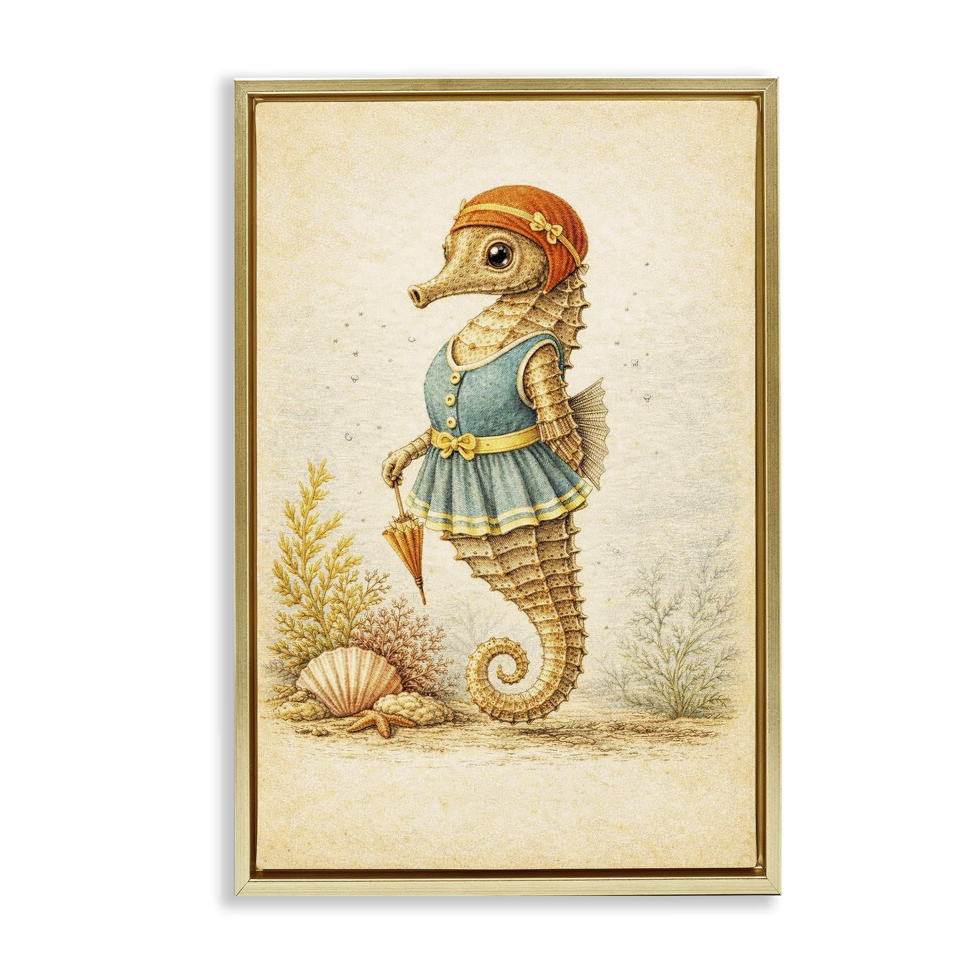 Stupell Industries Maritime Bathing Society Seahorse Gold Framed Floater Canvas Wall Art, design by Grotto Studios