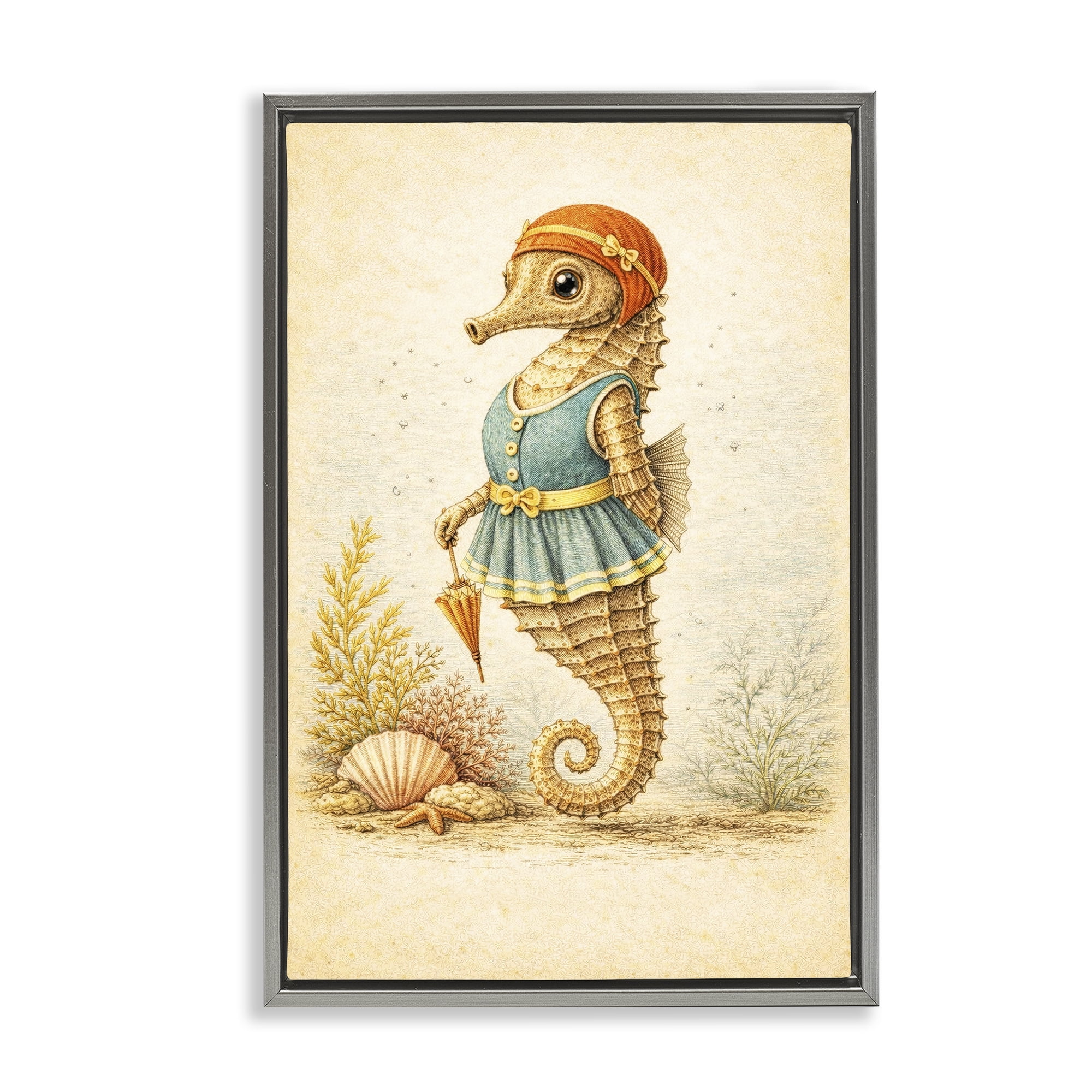 Stupell Industries Maritime Bathing Society Seahorse Gray Framed Floater Canvas Wall Art, design by Grotto Studios