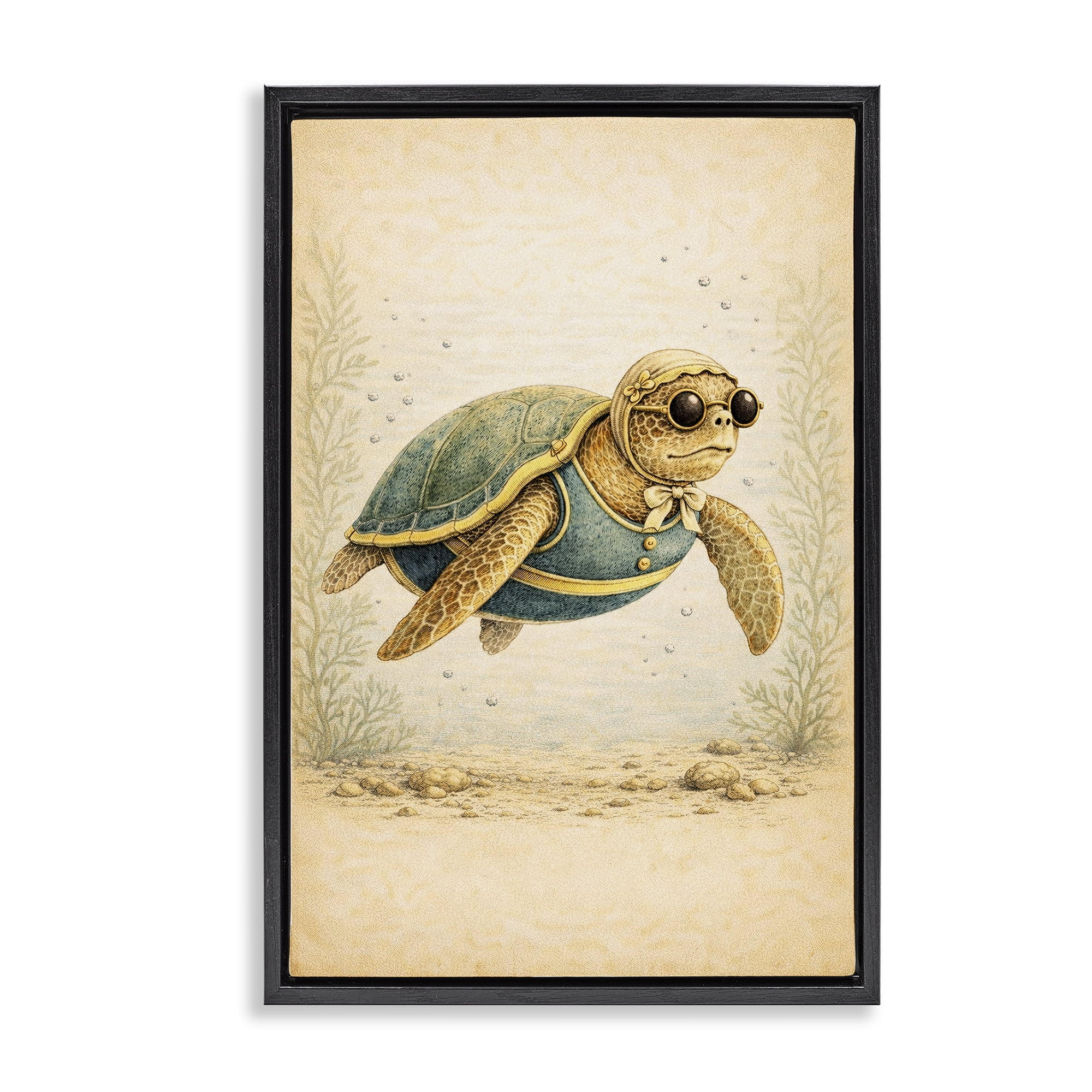Stupell Industries Maritime Bathing Society Turtle Black Framed Floater Canvas Wall Art, design by Grotto Studios