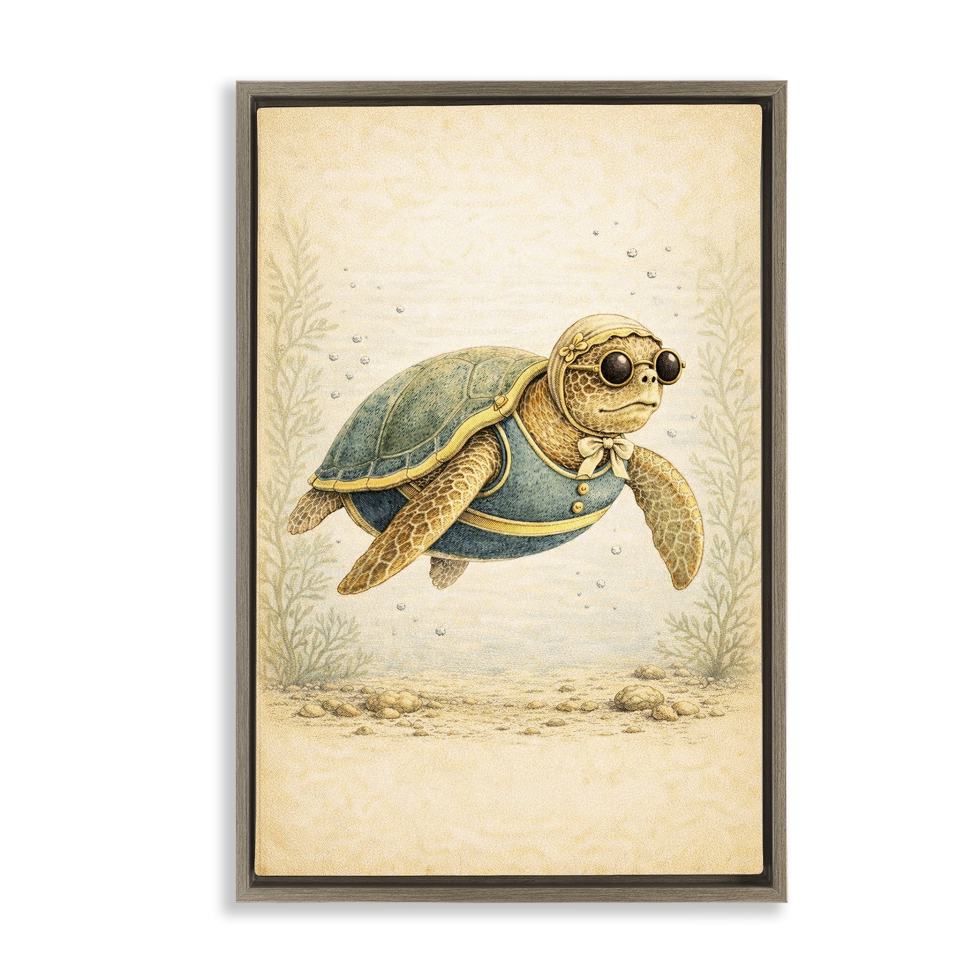 Stupell Industries Maritime Bathing Society Turtle Brown Framed Floater Canvas Wall Art, design by Grotto Studios