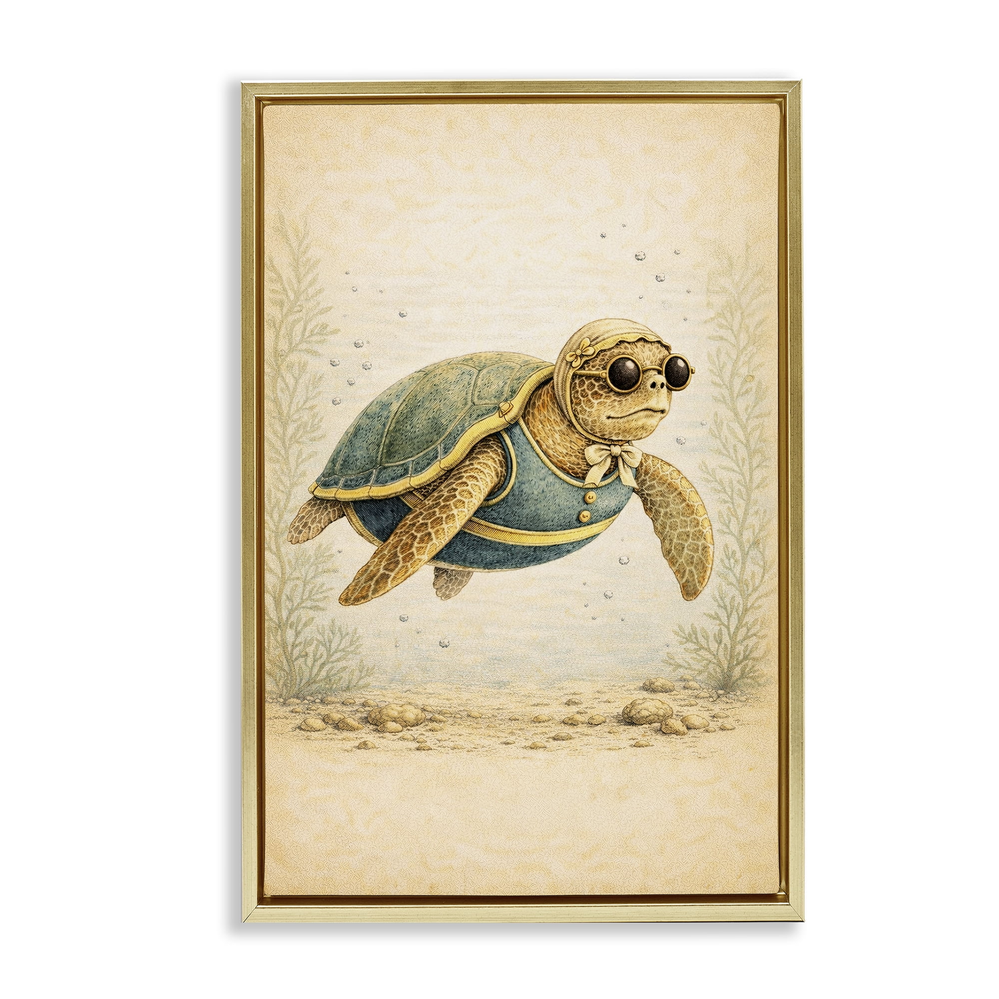 Stupell Industries Maritime Bathing Society Turtle Gold Framed Floater Canvas Wall Art, design by Grotto Studios