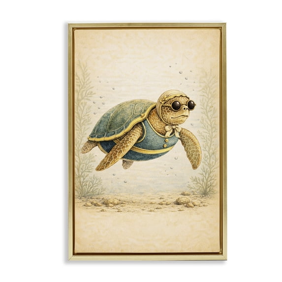 Stupell Industries Eclectic Maritime Bathing Society Turtle Gold Floating Frame Canvas Art, 17 x 25, by Grotto Studios