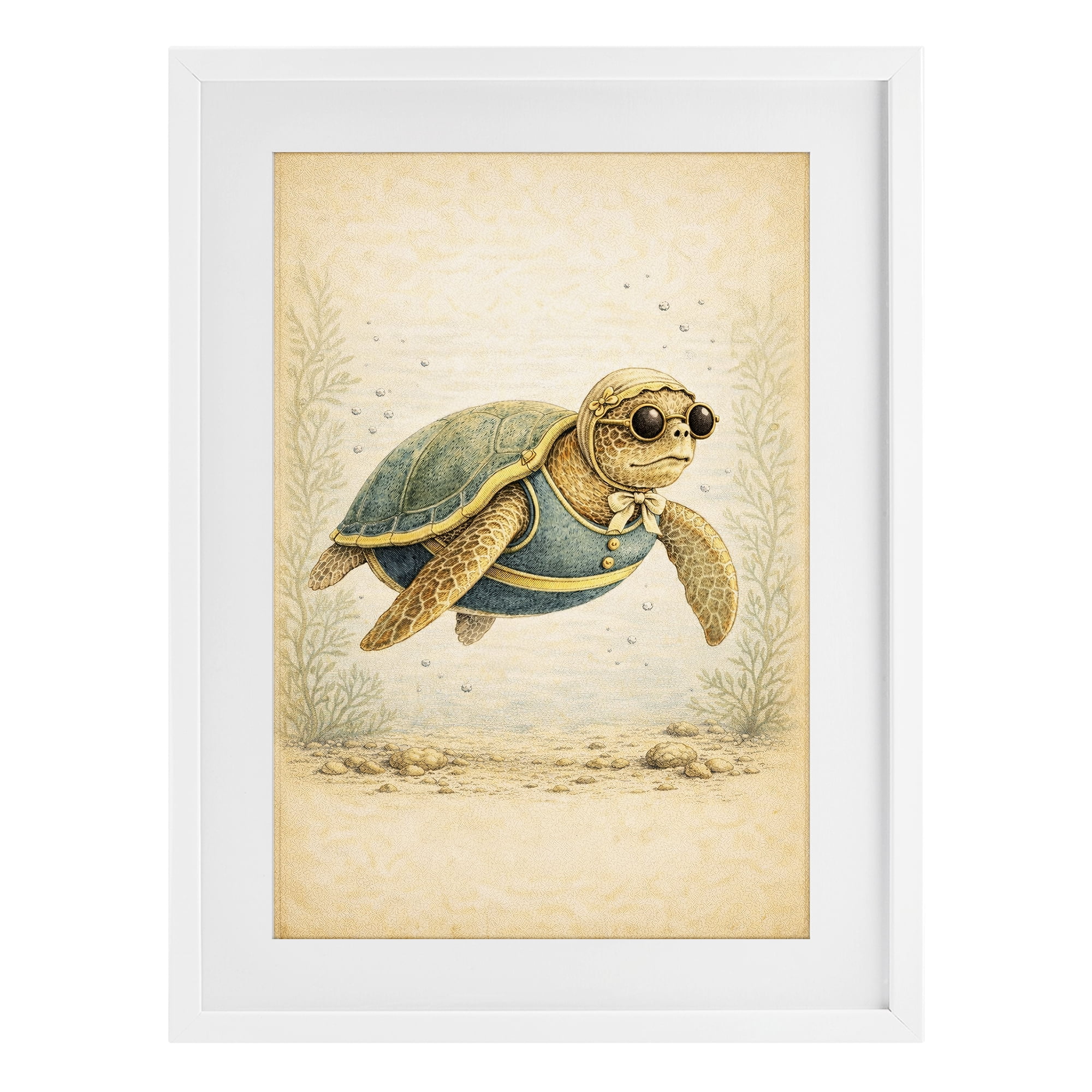 Stupell Industries Maritime Bathing Society Turtle White Framed Print Under Glass, design by Grotto Studios