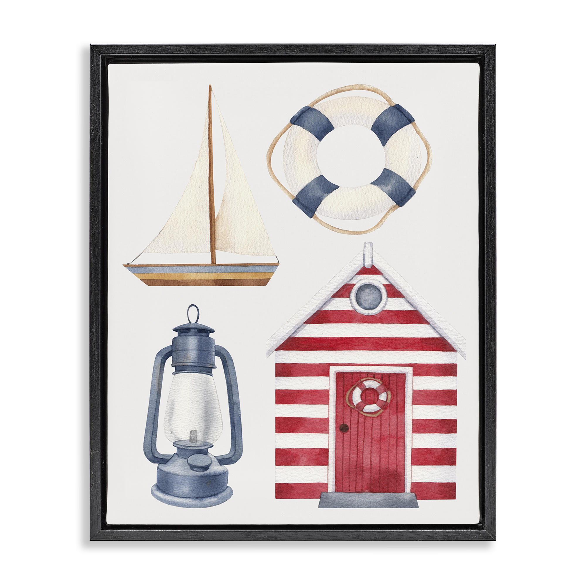 Stupell Industries Maritime Beach Items Nautical & Beach Painting Black Floater Framed Canvas Art Print Wall Art, 17 x 21
