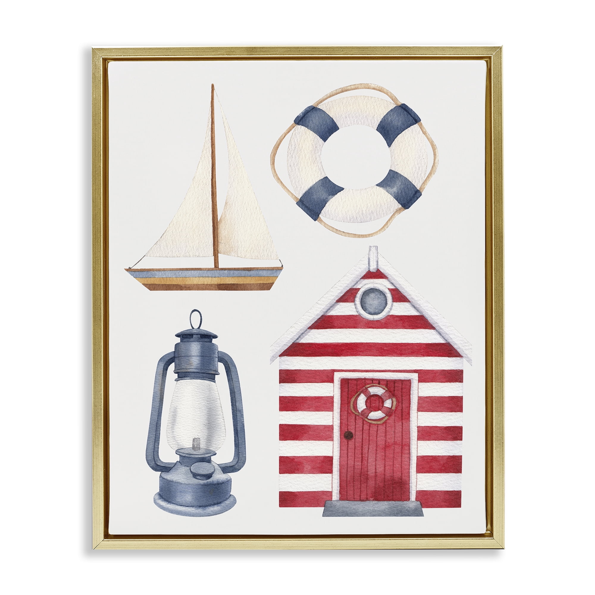 Stupell Industries Maritime Beach Items Nautical & Beach Painting Gold Floater Framed Canvas Art Print Wall Art, 25 x 31