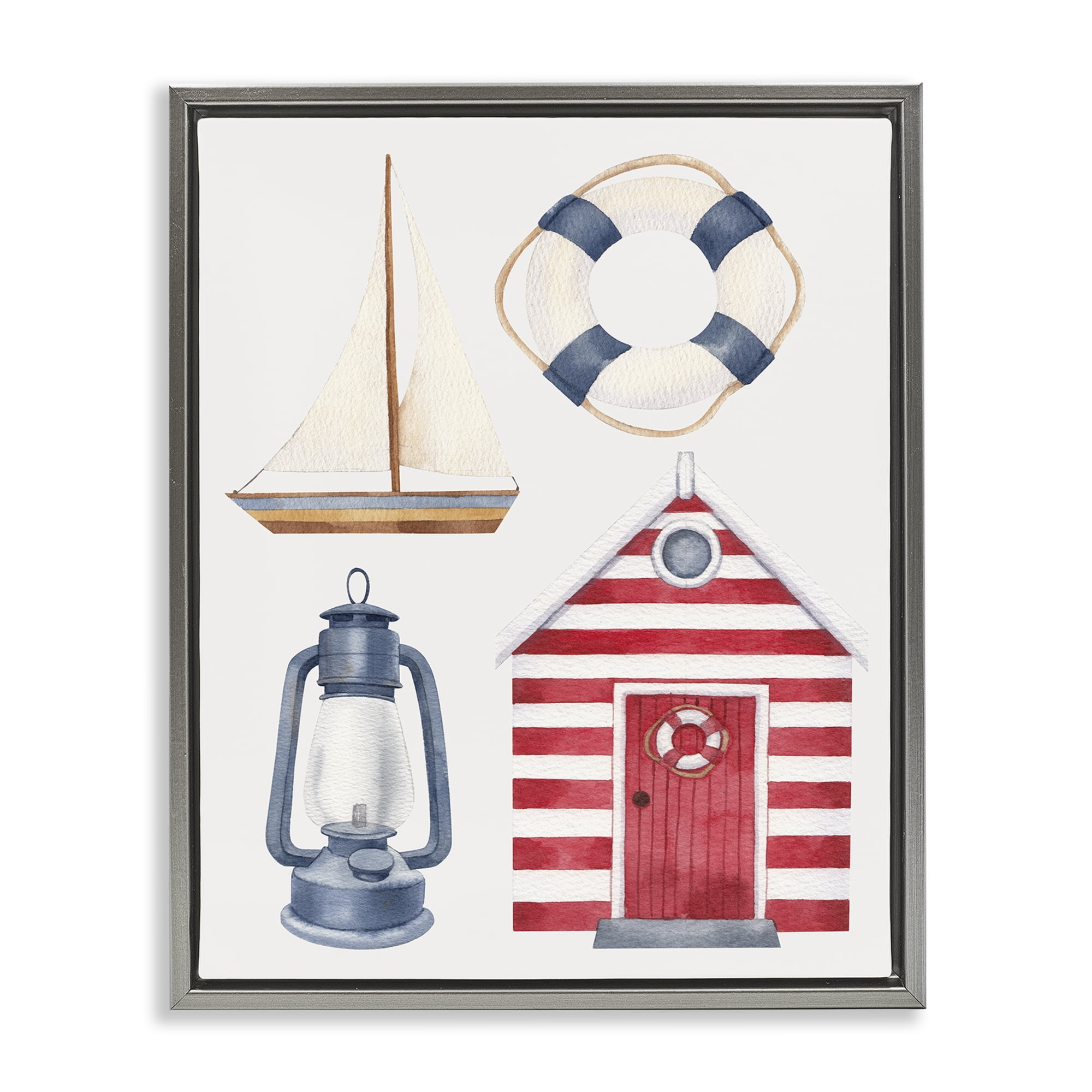 Stupell Industries Maritime Beach Items Nautical & Beach Painting Gray Floater Framed Canvas Art Print Wall Art, 17 x 21
