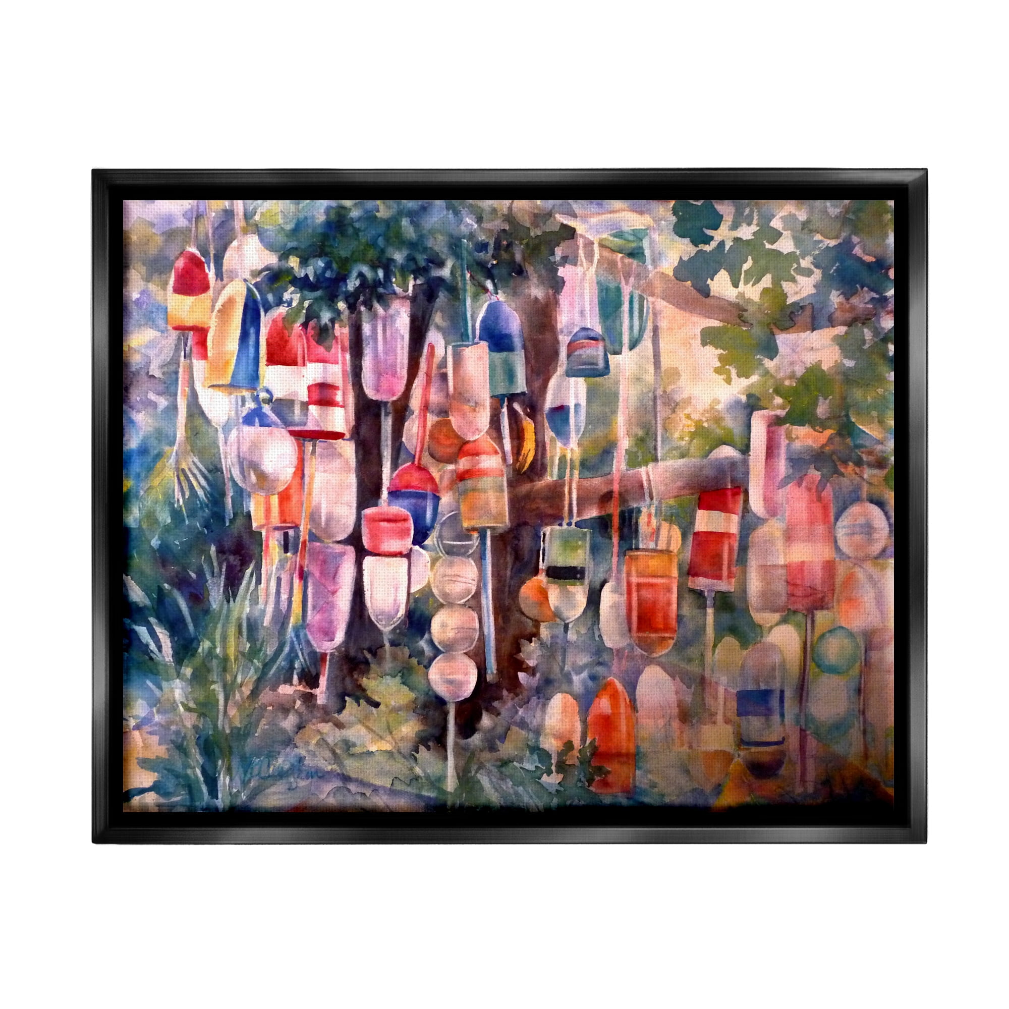 Stupell Industries Maritime Buoys on Tree Nature Painting Black Floater Framed Art Print Wall Art, 31 x 25