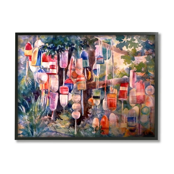 Stupell Industries Maritime Buoys on Tree Nature Painting Black Framed Art Print Wall Art, 14 x 11