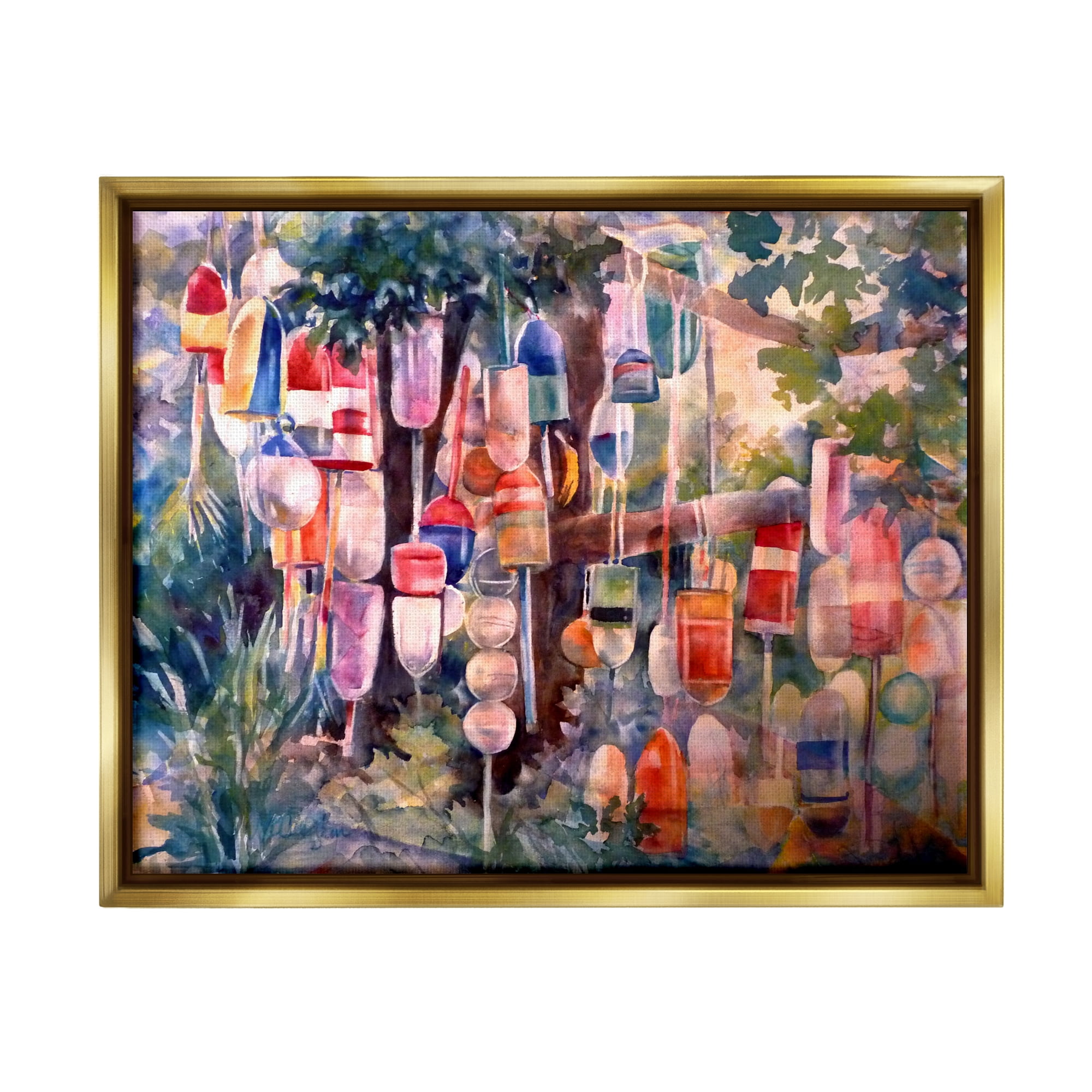 Stupell Industries Maritime Buoys on Tree Nature Painting Gold Floater Framed Art Print Wall Art, 21 x 17