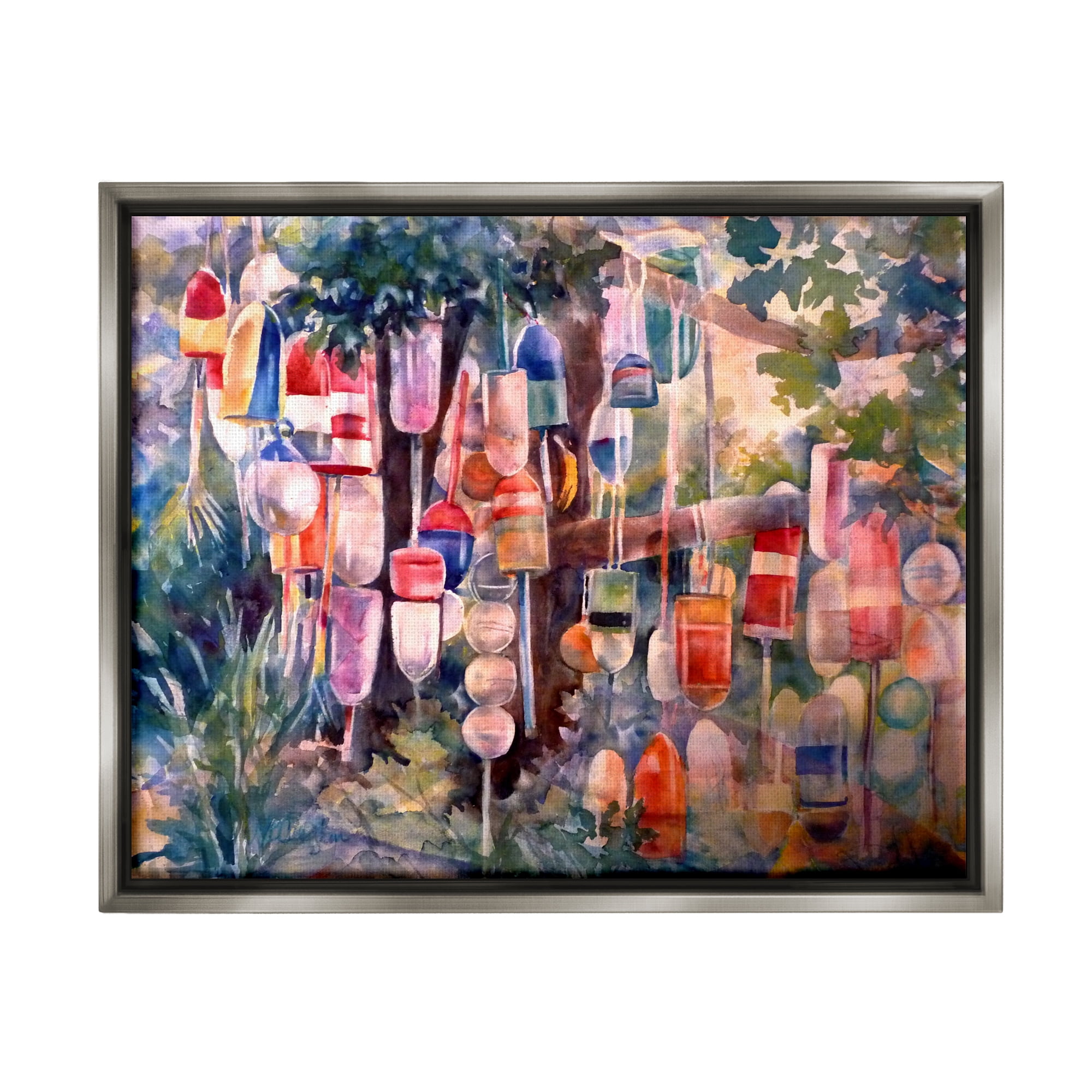 Stupell Industries Maritime Buoys on Tree Nature Painting Gray Floater Framed Art Print Wall Art, 31 x 25