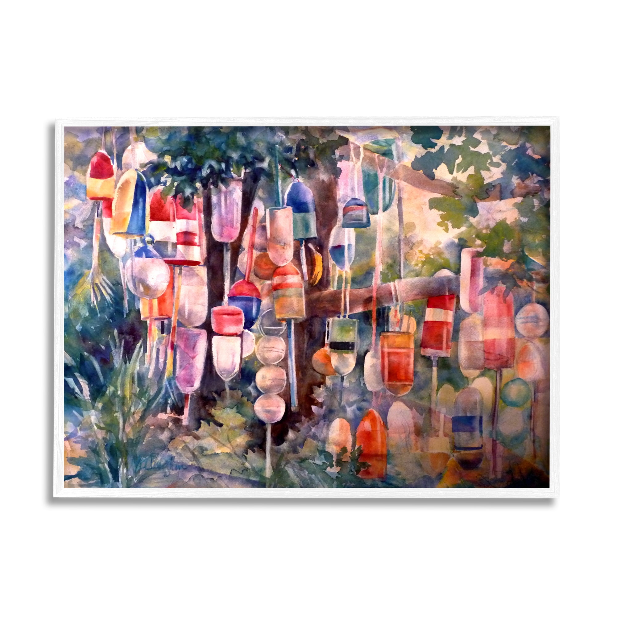 Stupell Industries Maritime Buoys on Tree Nature Painting White Framed Art Print Wall Art, 14 x 11