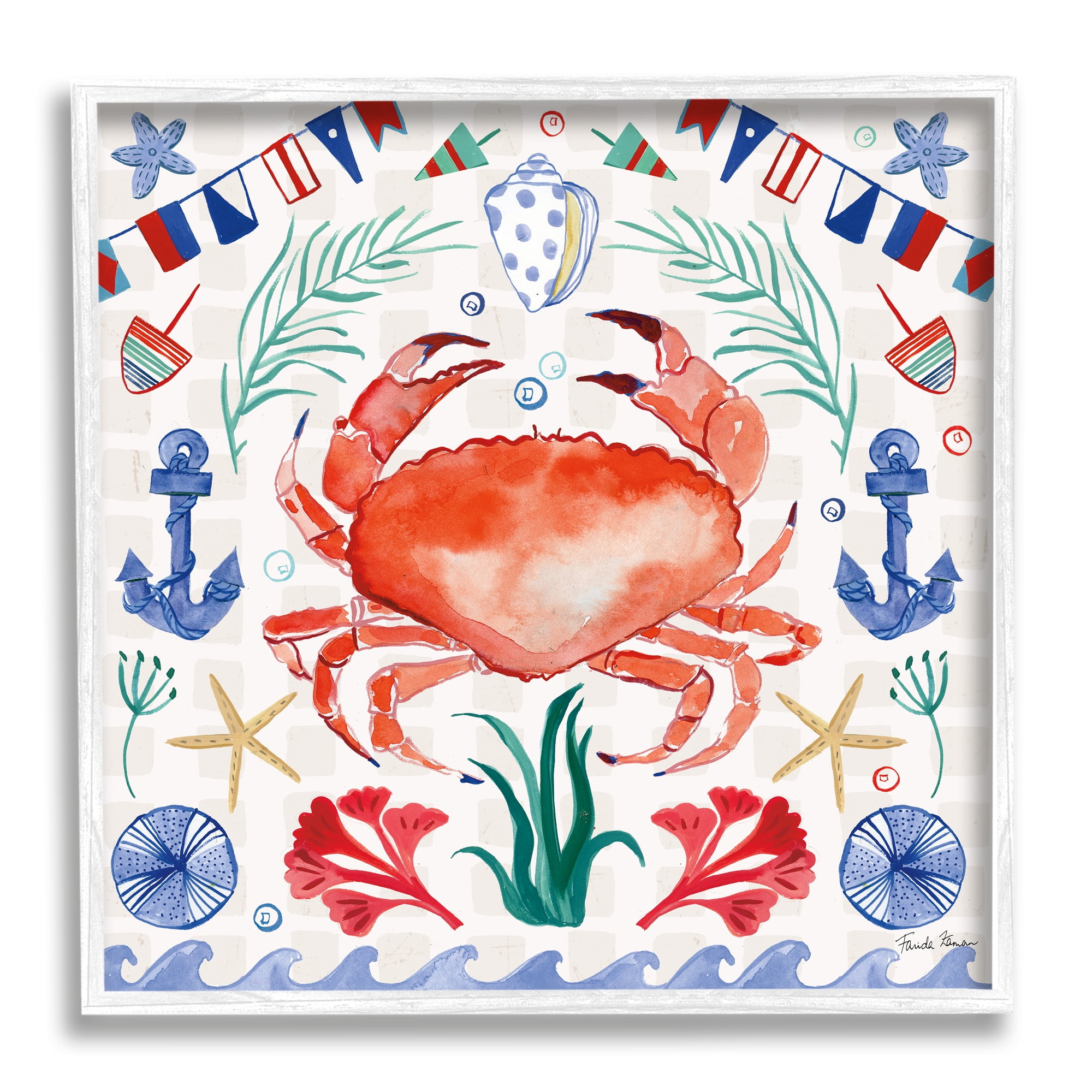 Stupell Industries Maritime Crab Pattern Animals & Insects Painting White Framed Art Print Wall Art, 17 x 17