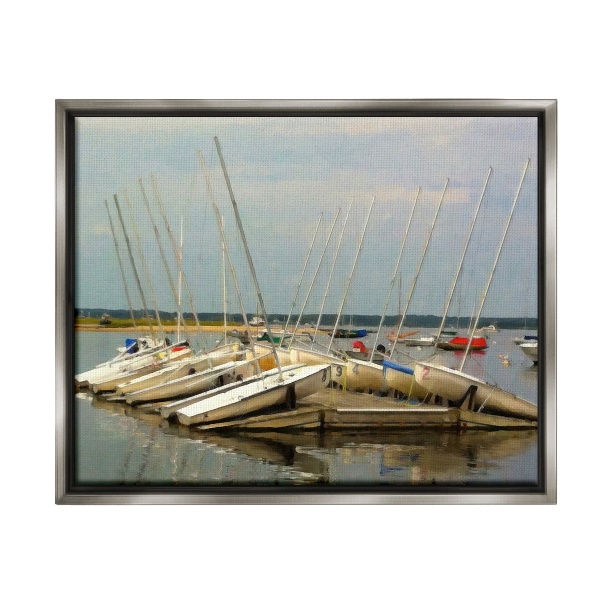 Stupell Industries Maritime Docked Boats Transportation Painting Gray Floater Framed Canvas Art Print Wall Art, 21 x 17