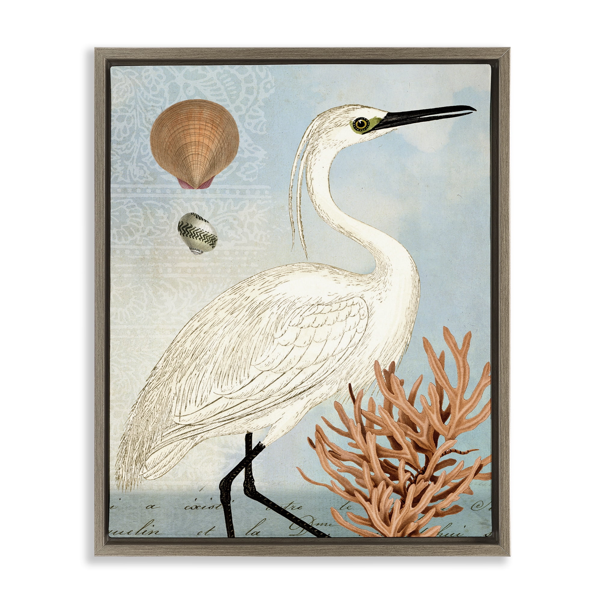 Stupell Industries Maritime Egret & Coral Animals & Insects Painting Brown Floater Framed Canvas Art Print Wall Art, 25 x 31