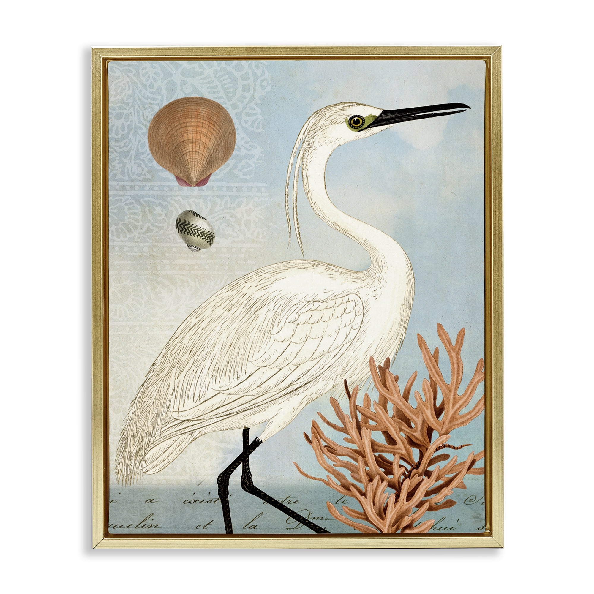 Stupell Industries Maritime Egret & Coral Animals & Insects Painting Gold Floater Framed Canvas Art Print Wall Art, 17 x 21