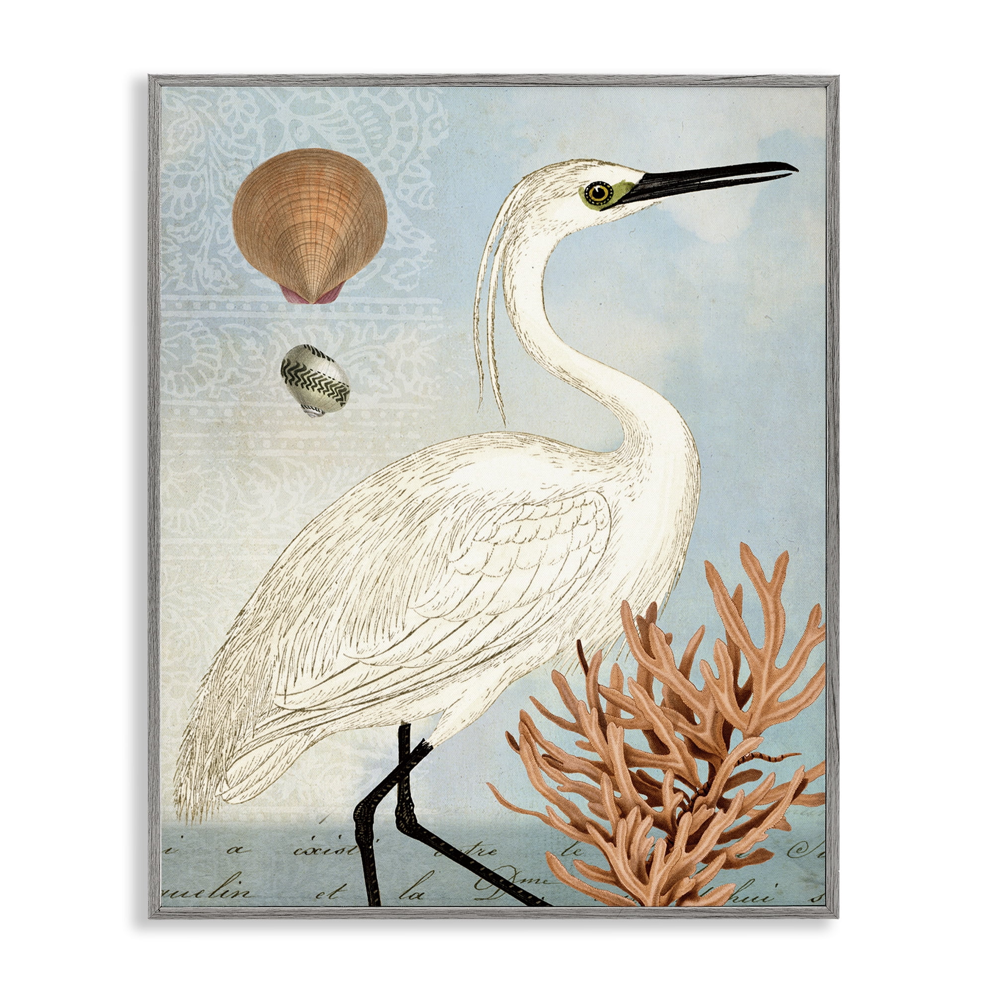 Stupell Industries Maritime Egret & Coral Animals & Insects Painting Gray Framed Art Print Wall Art, 11 x 14