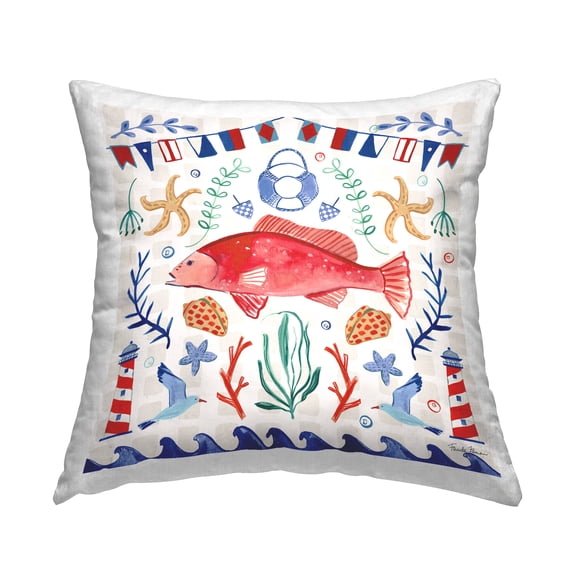 Stupell Industries Maritime Fish & Shells Pattern Square Decorative Printed Throw Pillow, 18 x 18