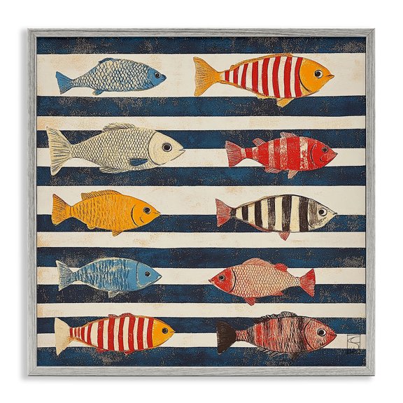 Stupell Industries Maritime Fish on Stripes Gray Framed Giclee Art design by Sara Culpepper, 24 x 24