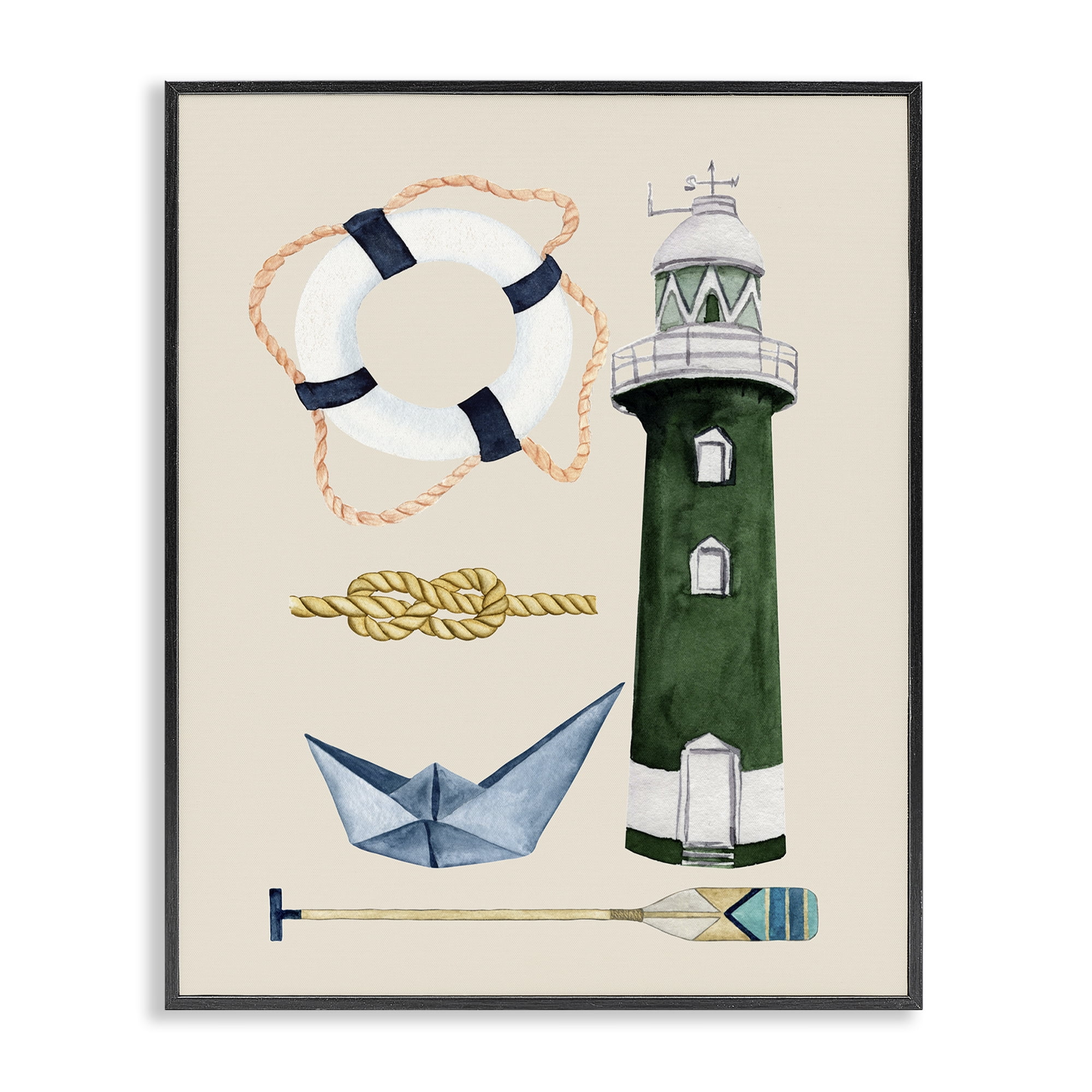 Stupell Industries Maritime Nautical Items Nautical & Beach Painting Black Framed Art Print Wall Art, 16 x 20