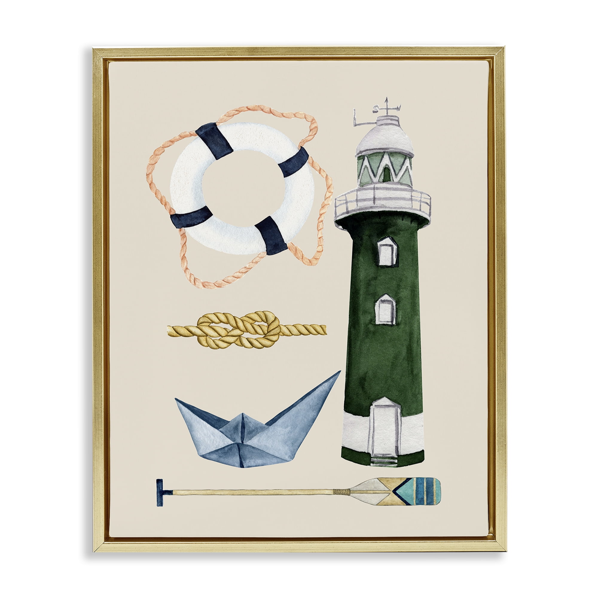 Stupell Industries Maritime Nautical Items Nautical & Beach Painting Gold Floater Framed Canvas Art Print Wall Art, 17 x 21
