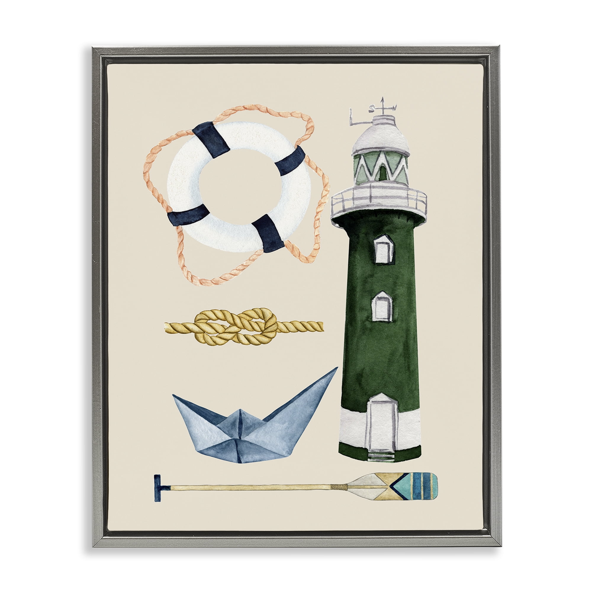 Stupell Industries Maritime Nautical Items Nautical & Beach Painting Gray Floater Framed Canvas Art Print Wall Art, 25 x 31