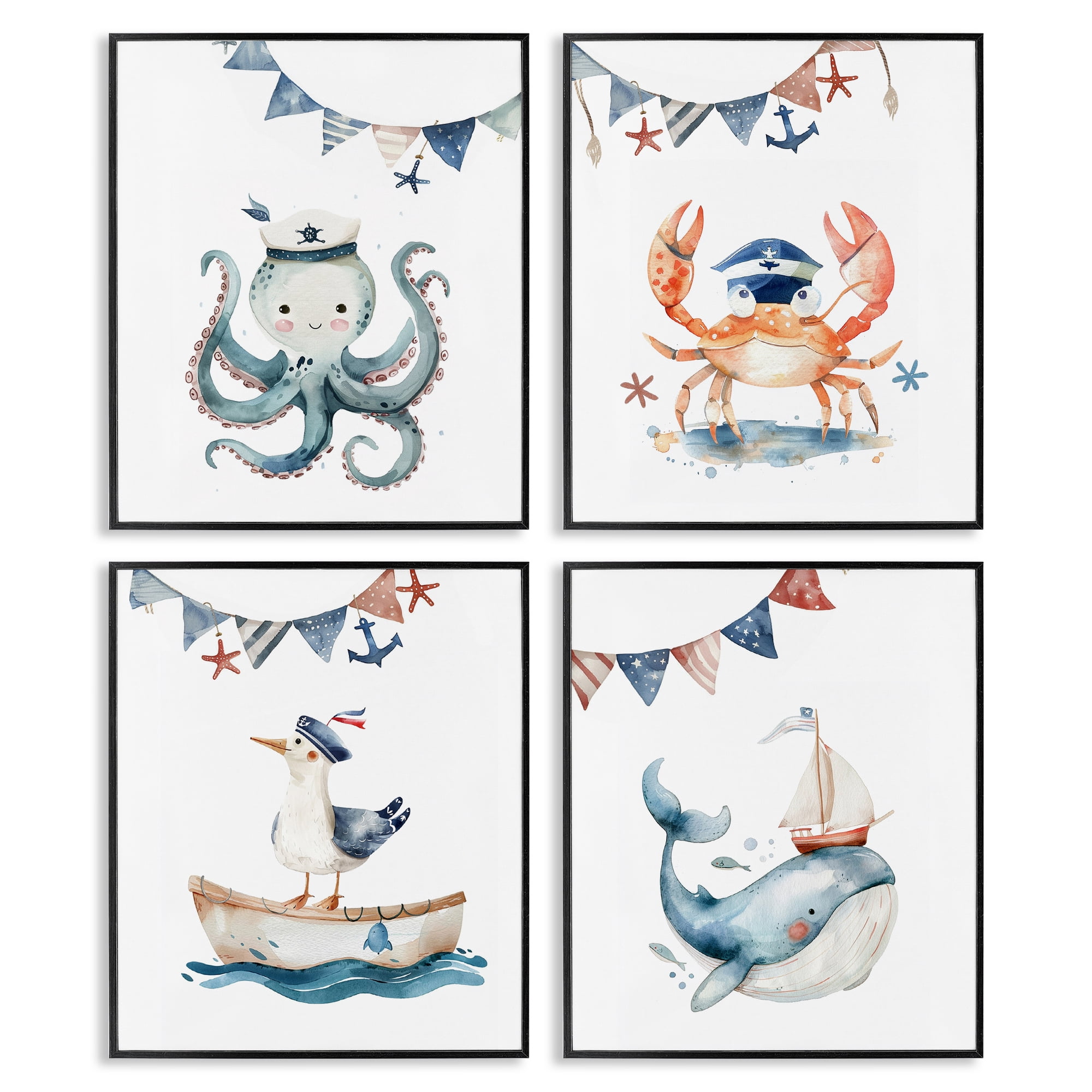 Stupell Industries Maritime Sailor Animals Nautical & Beach Painting Black Framed Art Print Wall Art, 16 x 20, Set of 4