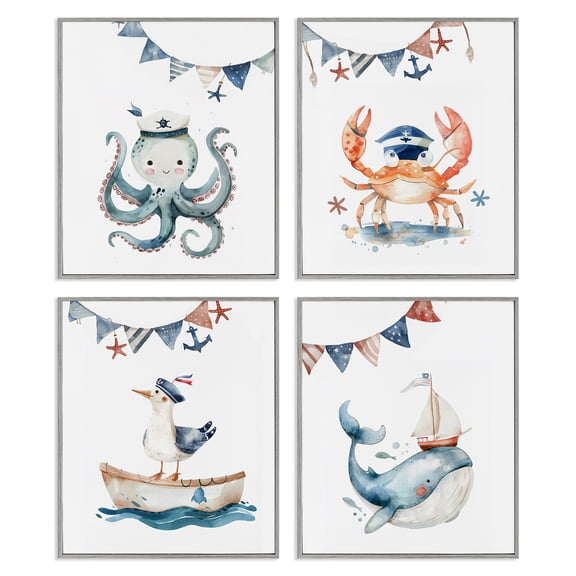 Stupell Industries Maritime Sailor Animals Nautical & Beach Painting Gray Framed Art Print Wall Art, 16 x 20, Set of 4