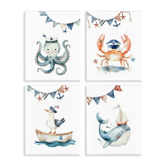 Stupell Industries Maritime Sailor Animals Nautical & Beach Painting Unframed Art Print Wall Art, 11 x 14, Set of 4